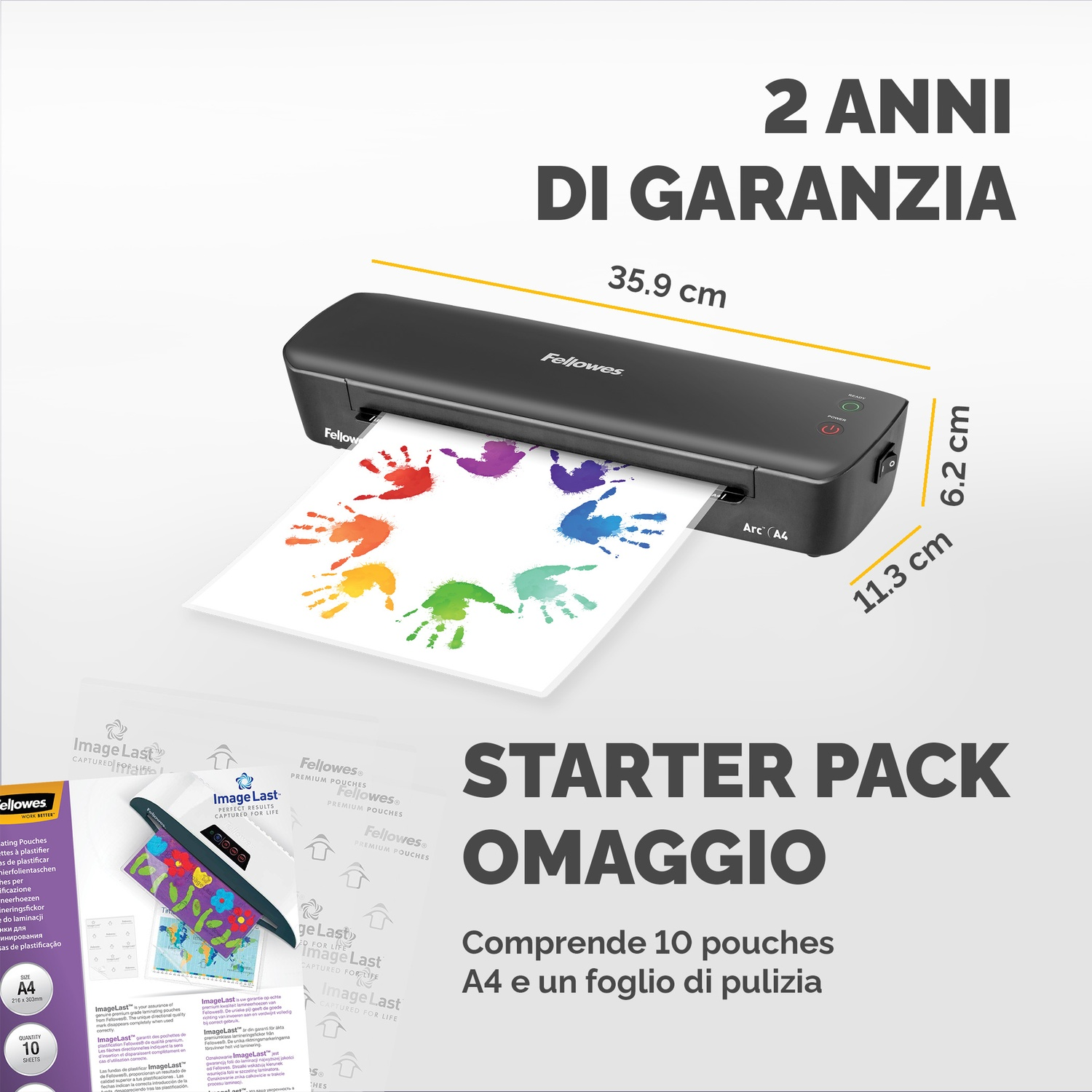 Una plastificadora con una hoja de papel con huellas de manos coloridas, paquete de inicio y dimensiones.