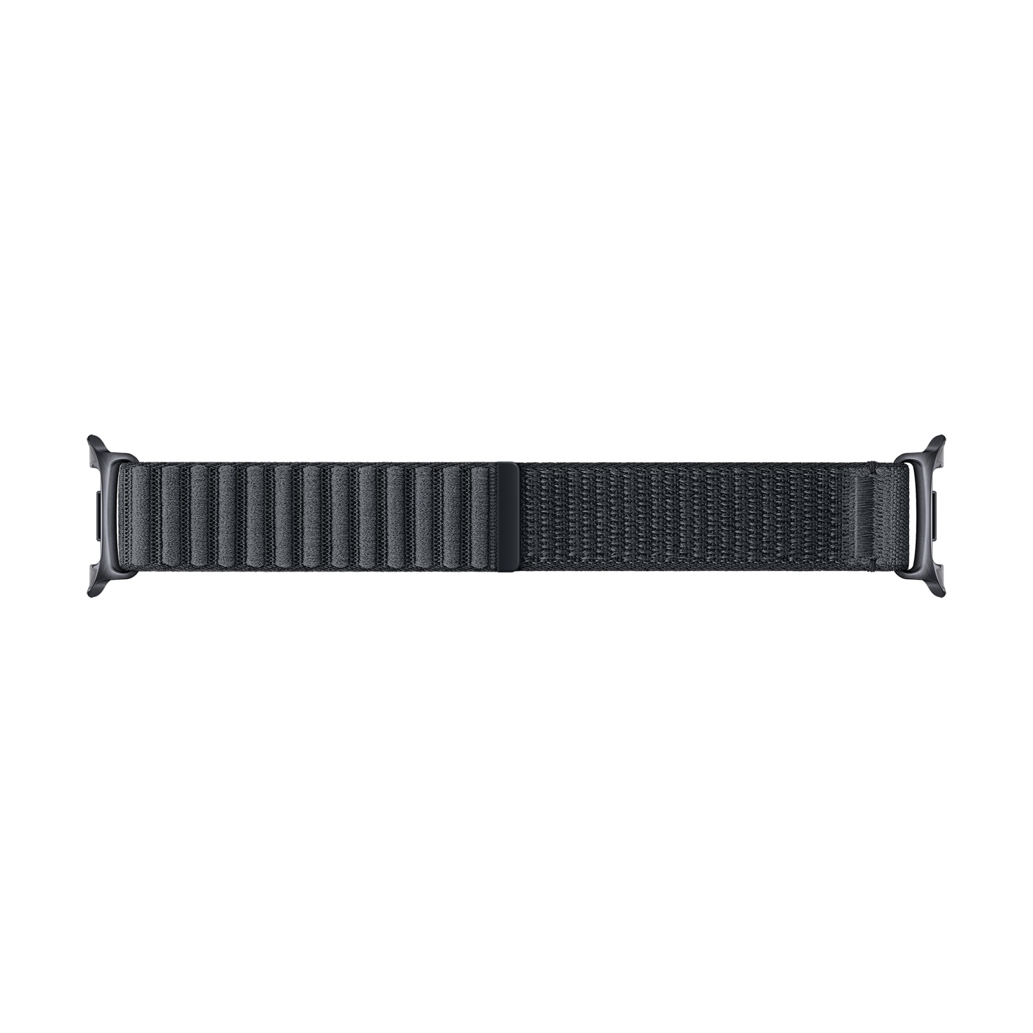 Ciemnoszary pasek do Apple Watch, ułożony poziomo na białym tle. Pasek ma tkaną fakturę i magnetyczne zapięcie.