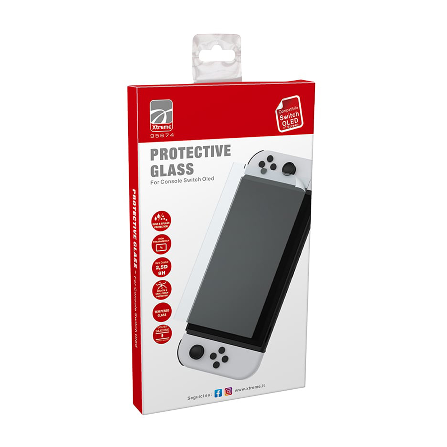 Una caja blanca y roja muestra un protector de pantalla Switch OLED. El texto dice 'Protective Glass'. La caja muestra la consola Switch.
