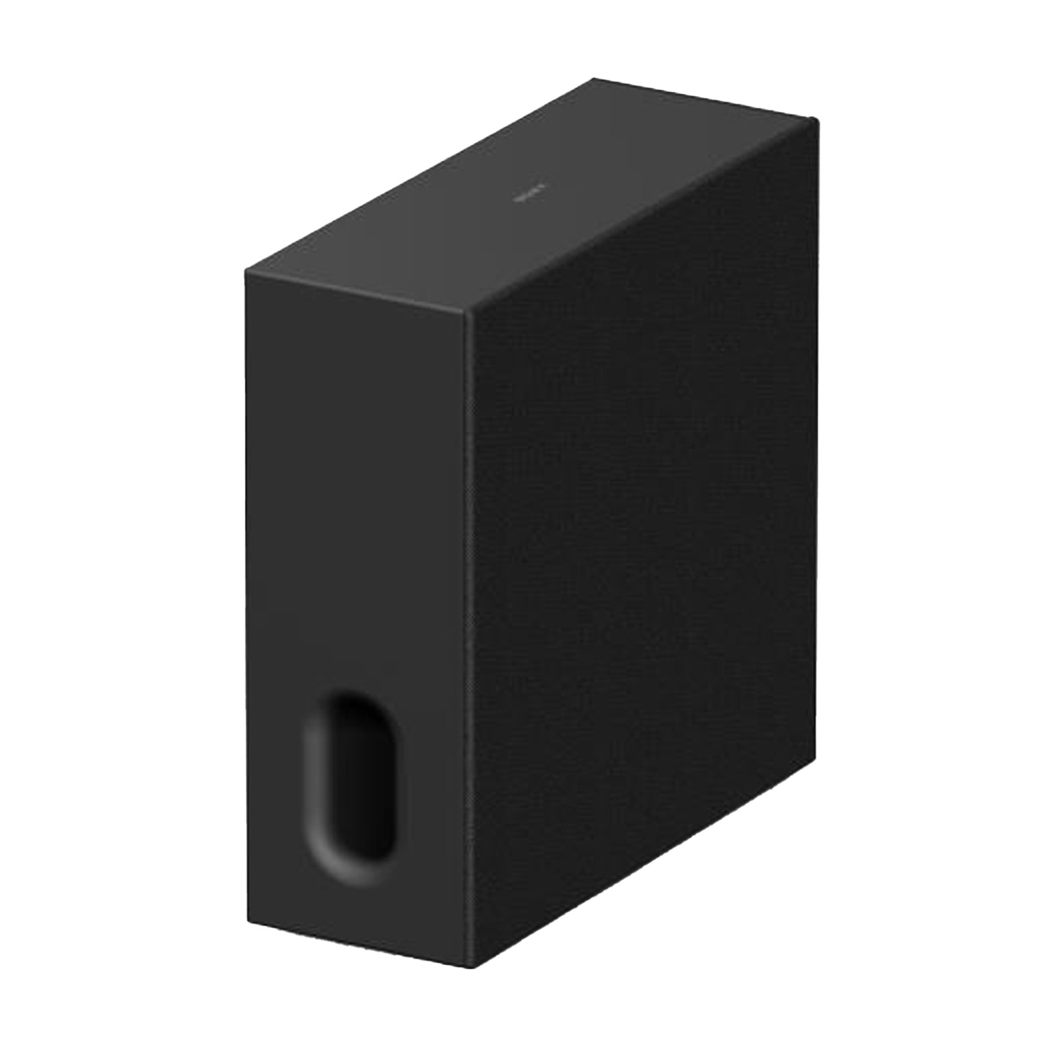 Un subwoofer negro rectangular con rejilla de altavoz y puerto. La parte superior tiene el nombre de la marca.