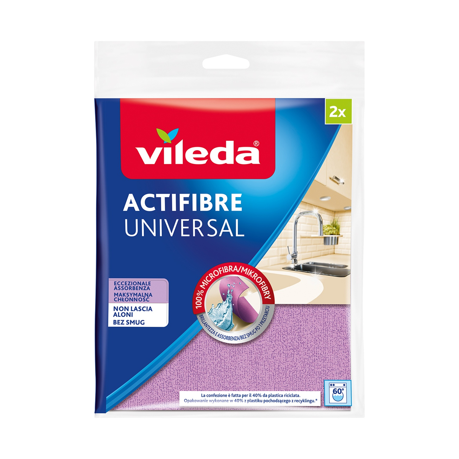 Una confezione di panni per la pulizia Vileda Actifibre Universal 2x. Caratteristiche: elevato assorbimento e nessuna striscia. La confezione è viola e bianca.
