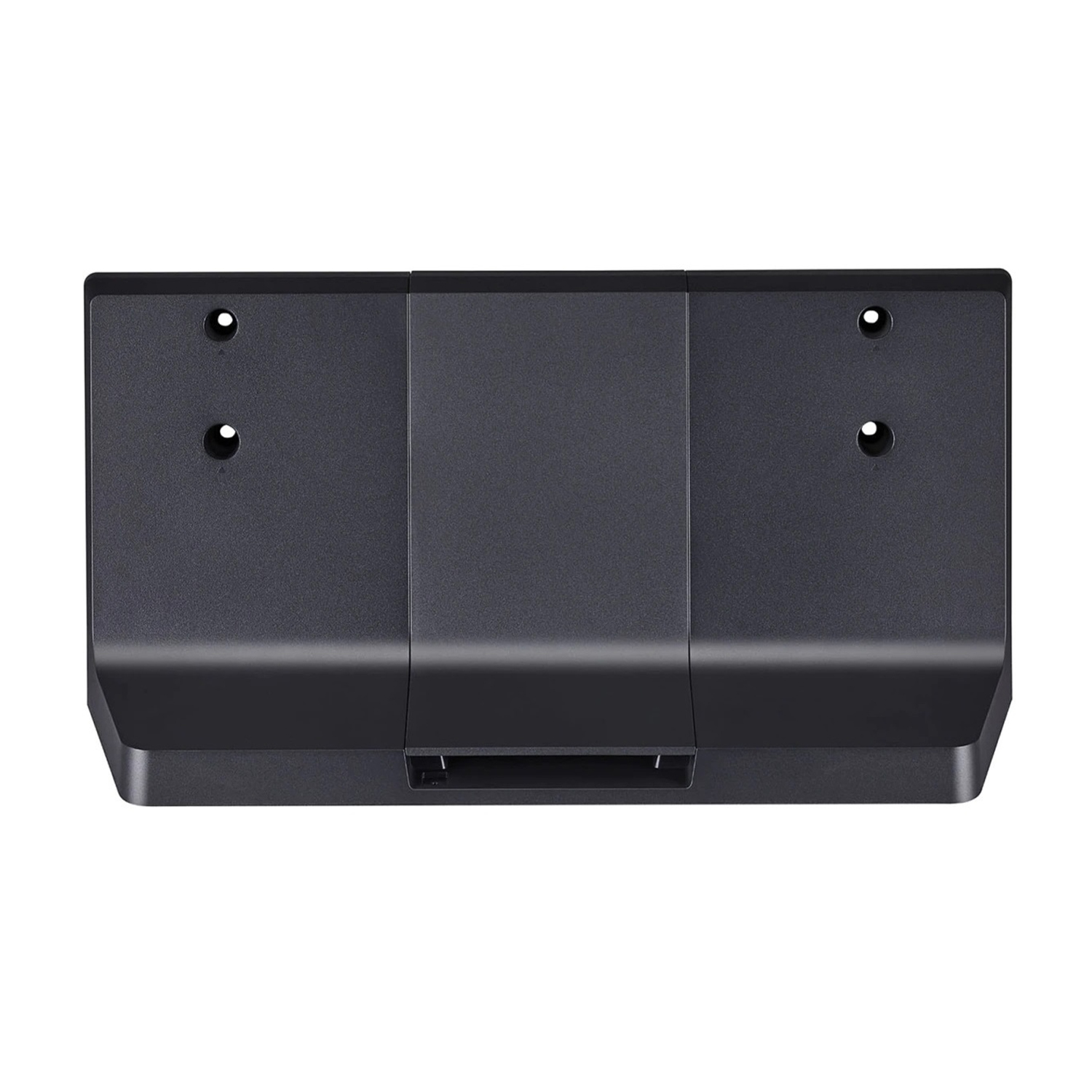 Dispositivo rectangular de plástico gris oscuro con agujeros, sección central y ranura inferior, aislado sobre blanco.