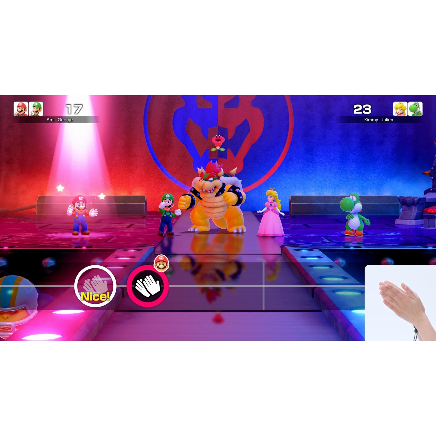 Escena de Mario Party con Mario, Luigi, Bowser, Peach y Yoshi. Se ven marcadores y manos aplaudiendo.