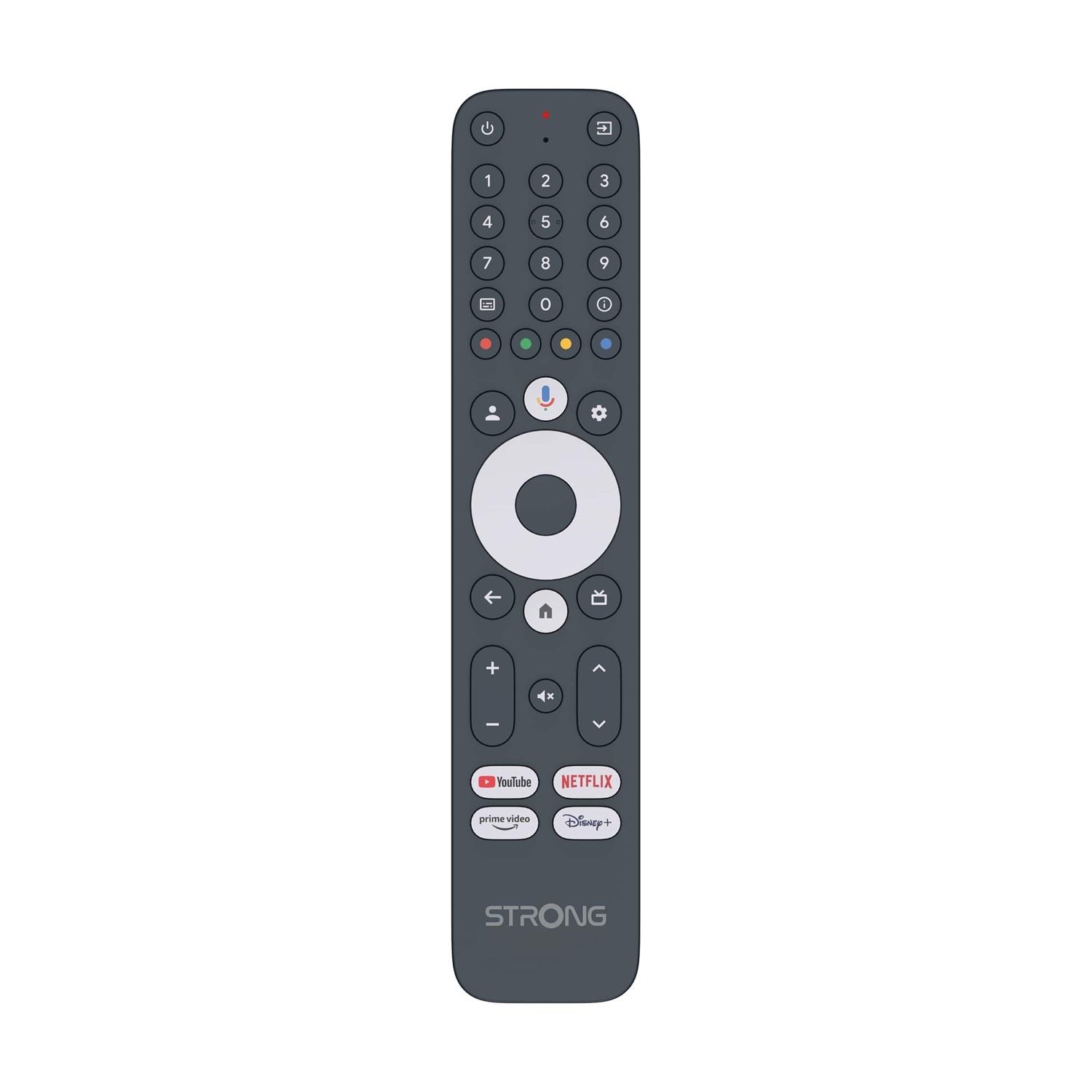 Dunkelgraue Fernbedienung mit Tasten, einer kreisförmigen Taste und Logos für YouTube, Netflix, Prime Video und Disney+.