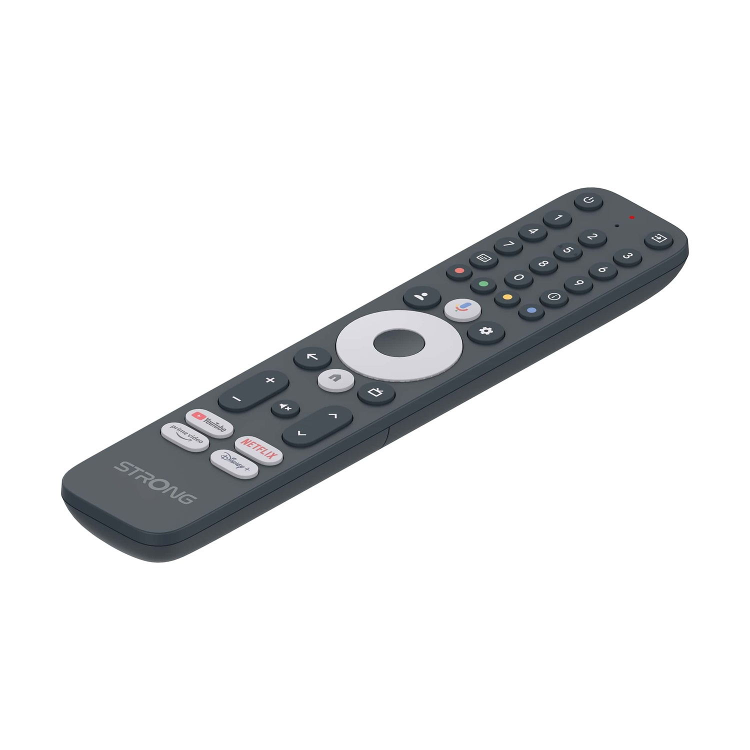 Eine dunkelgraue STRONG TV-Fernbedienung. Sie hat viele Tasten, darunter Lautstärke, Kanal und Streaming-Dienste.