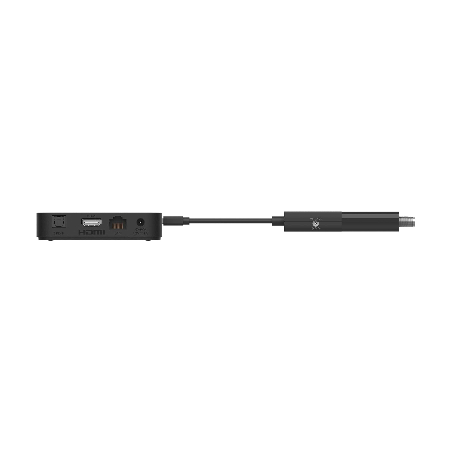 Ein schwarzes Streaming-Gerät mit mehreren Anschlüssen, verbunden mit einem langen schwarzen Kabel und einem kleineren schwarzen Gerät.