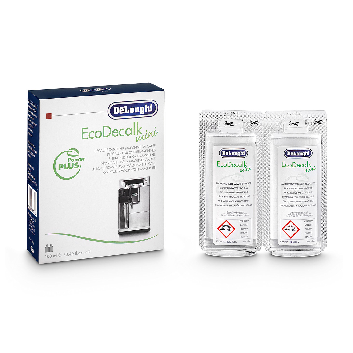 Pudełko i dwa opakowania odkamieniacza DeLonghi EcoDecalk mini do ekspresów do kawy, białe tło.