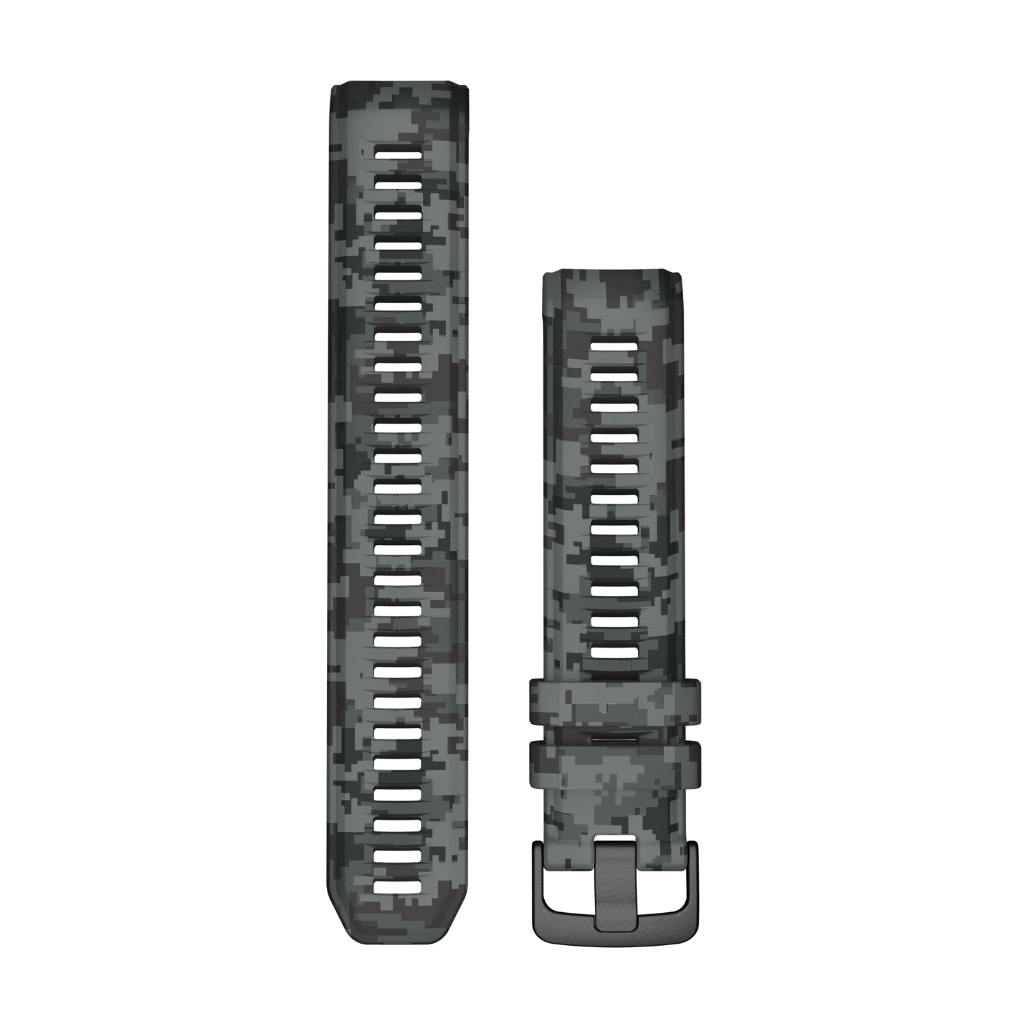 Zwei Armbänder mit digitalem Tarnmuster, grau und schwarz. Ein Armband hat eine Schnalle.