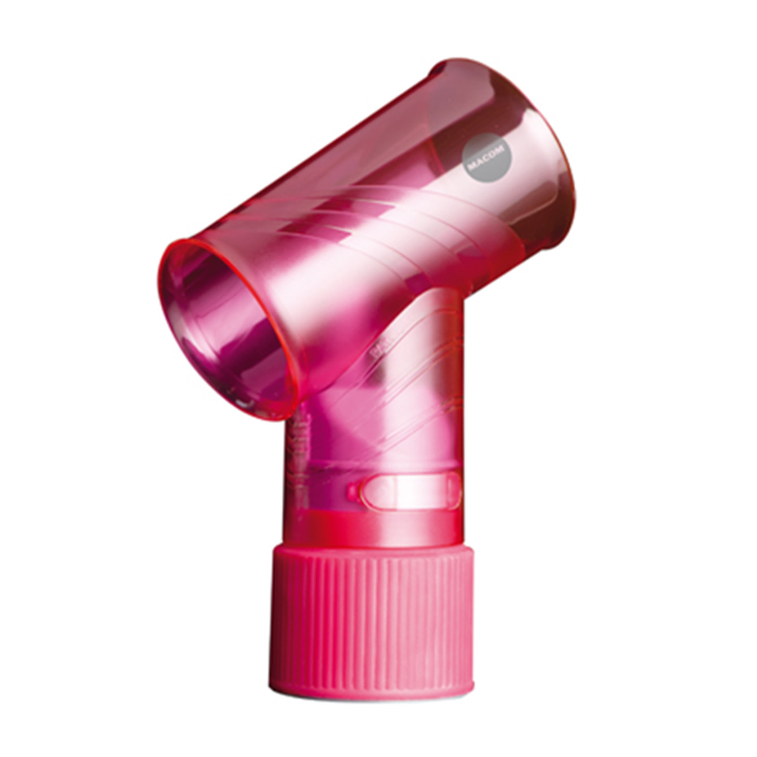 Un diffusore per asciugacapelli rosa con ugello rotondo e base cilindrica, con il marchio MACOM.