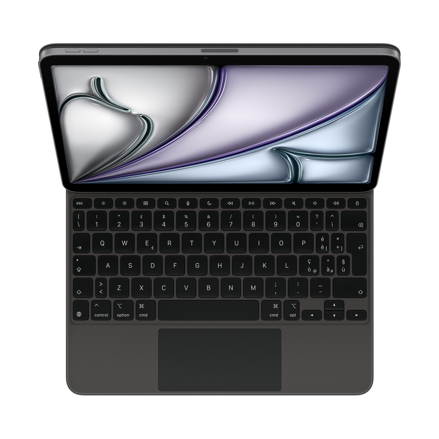 Ciemnoszary laptop jest otwarty, pokazując klawiaturę i ekran z abstrakcyjnym, srebrno-fioletowym wzorem.