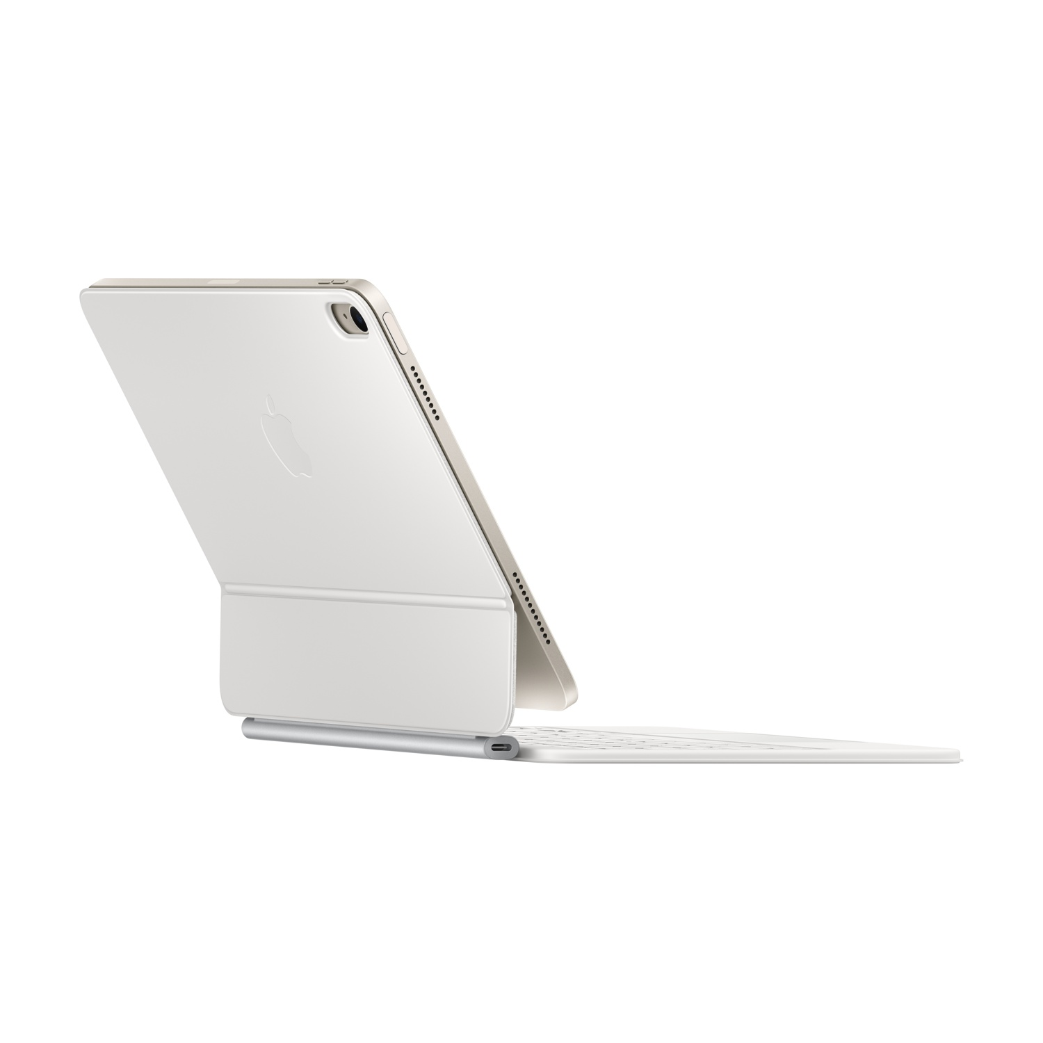 Un iPad bianco con custodia per tastiera è aperto. Il logo Apple è visibile. Lo sfondo è bianco.