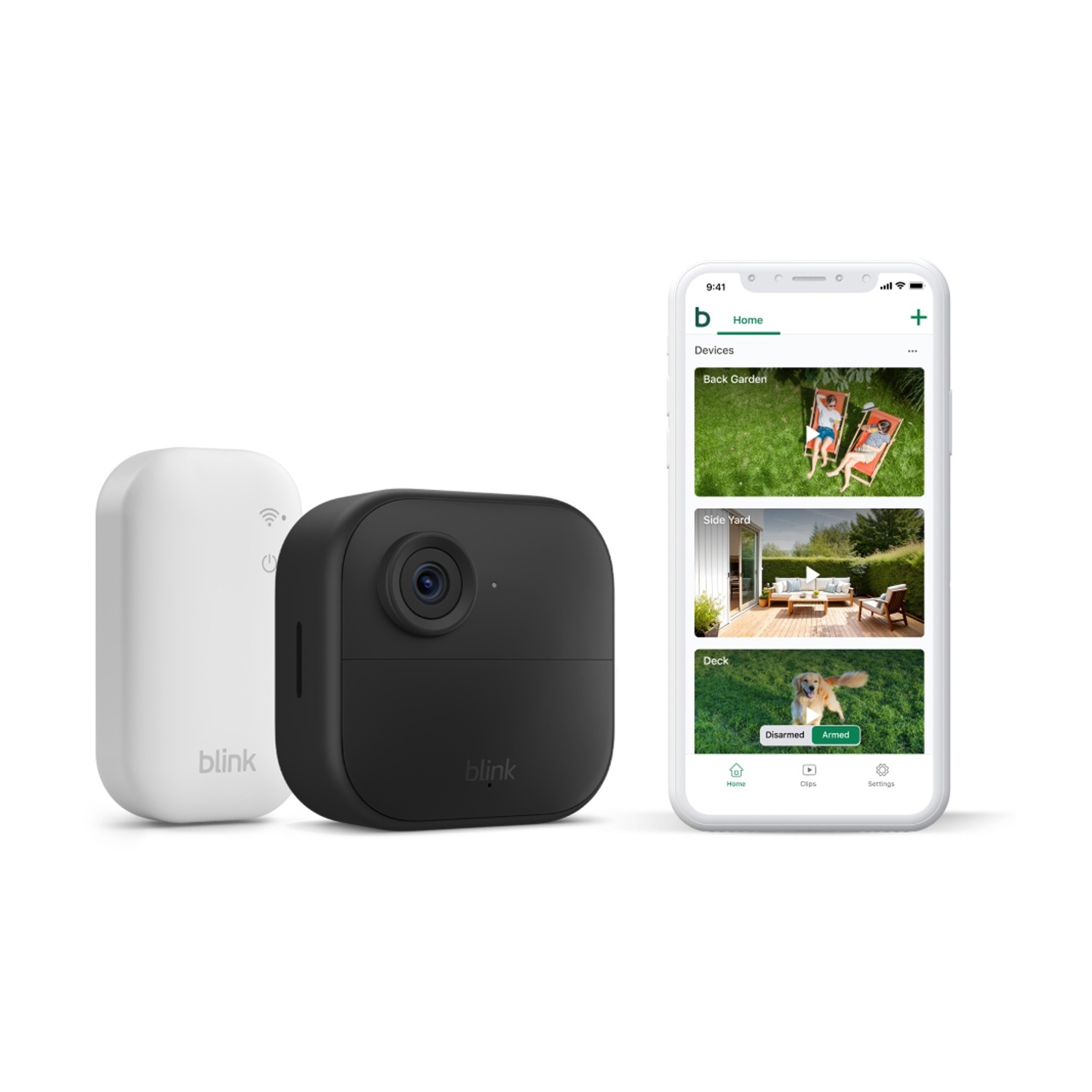 L'immagine mostra un sistema di telecamere di sicurezza. Include una stazione base bianca, una telecamera nera e un telefono che mostra l'interfaccia dell'app.