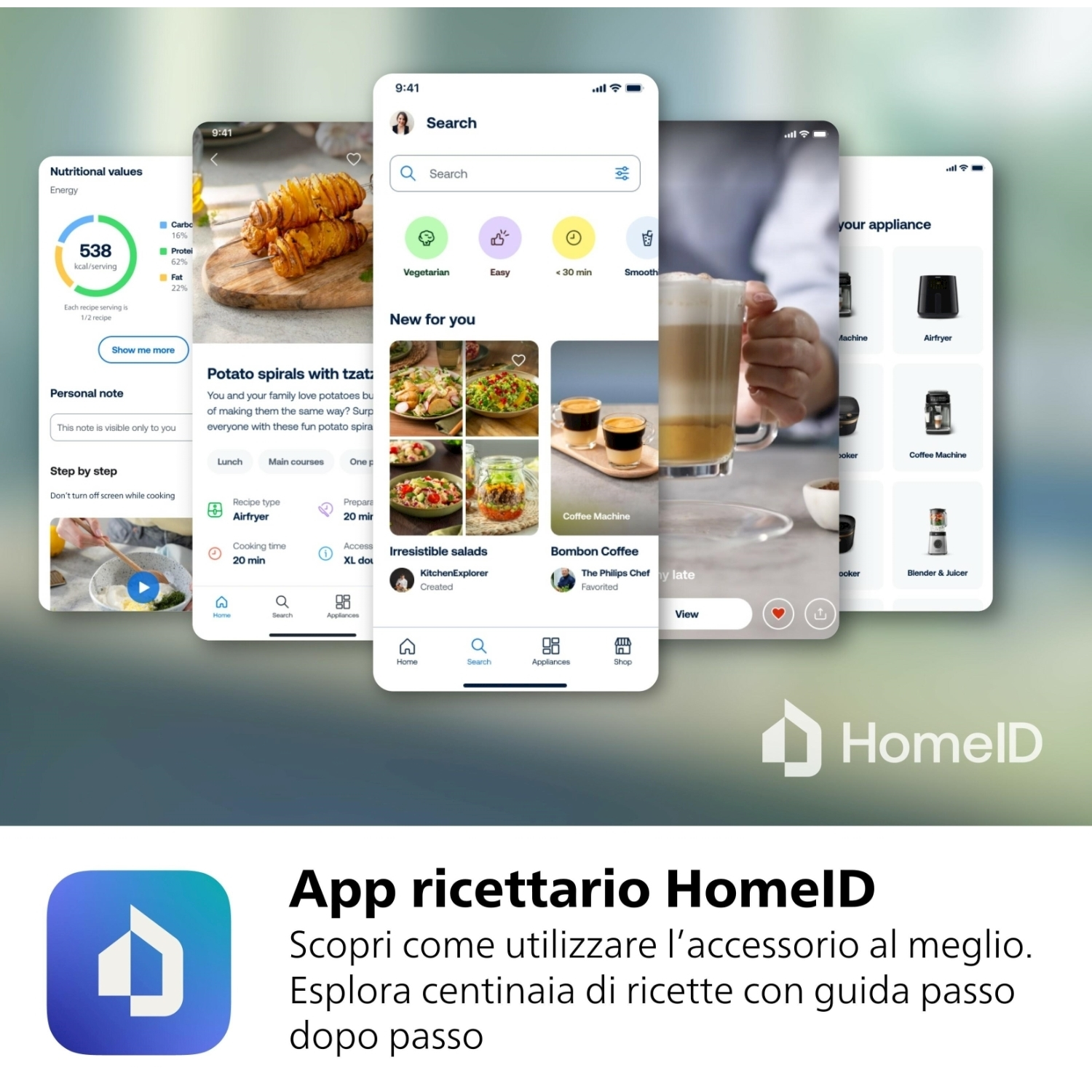 App interface showing recipes with nutritional info, and a HomeID logo. Several food images and appliance options are visible.