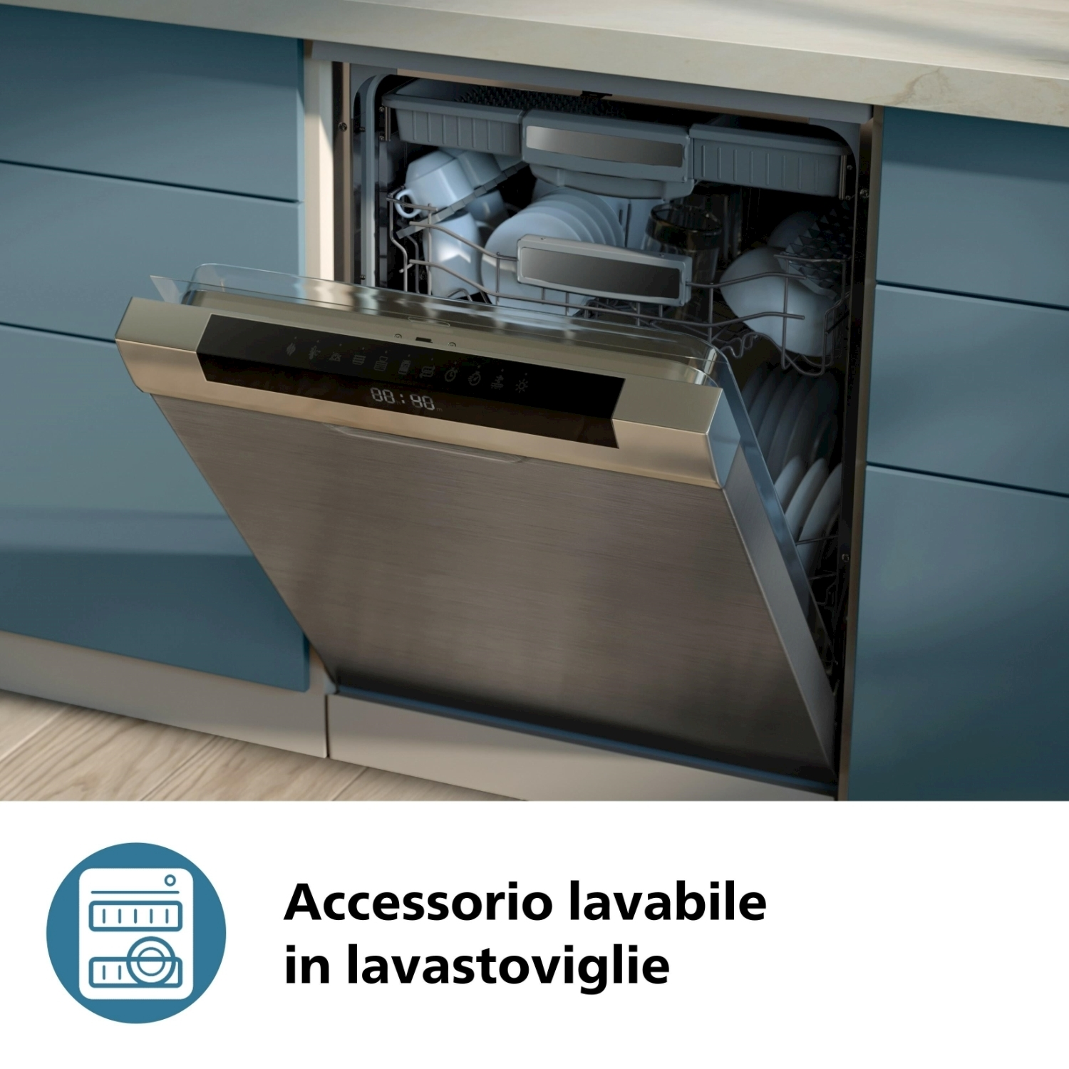 A dishwasher with an open door filled with dishes, glasses, and utensils. The display shows '00:40'. The door is stainless steel.