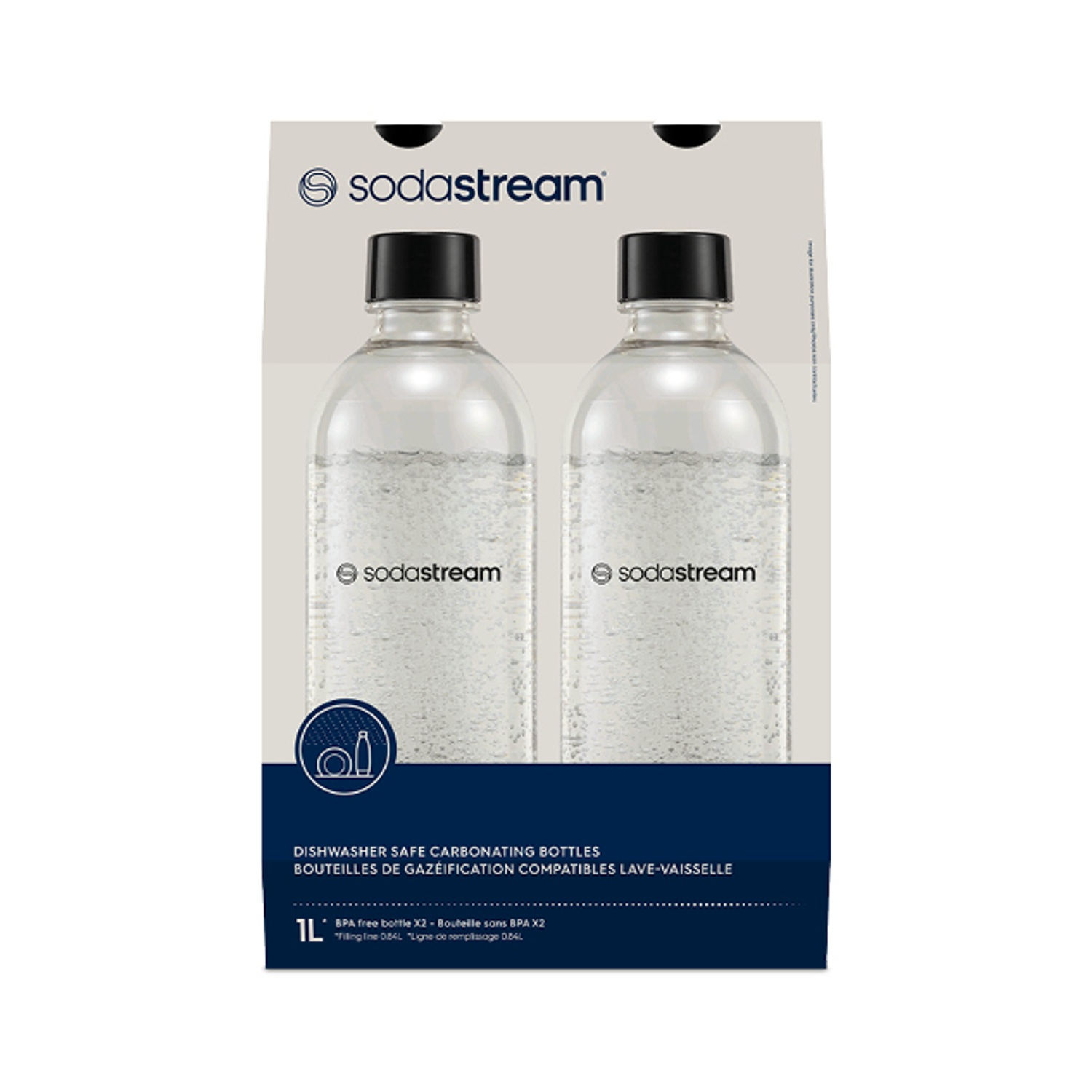 Due bottiglie SodaStream trasparenti con tappi neri in una confezione. La confezione ha il logo SodaStream e il testo sulla sicurezza in lavastoviglie.