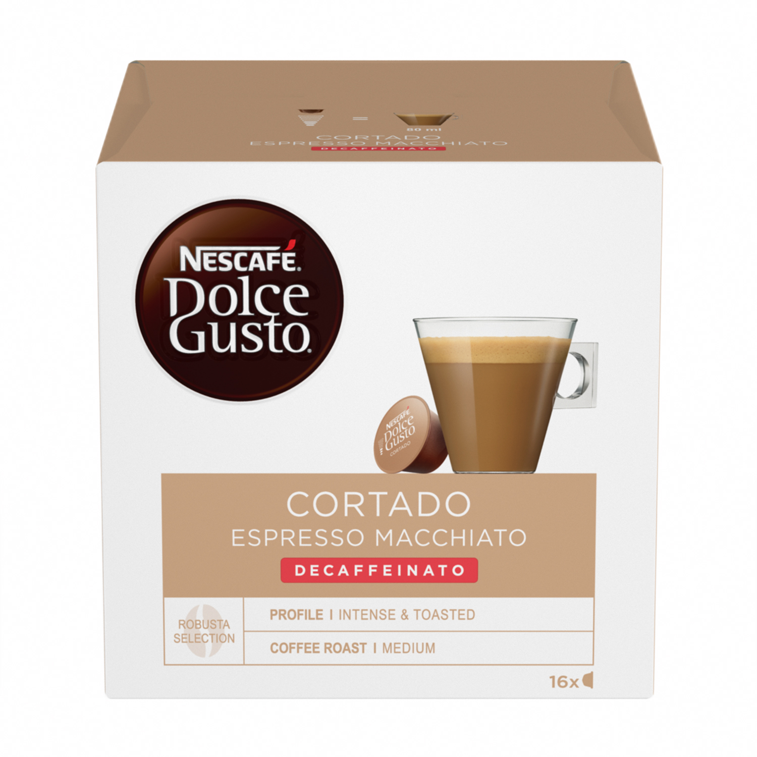 Una scatola di Nescafé Dolce Gusto Cortado Espresso Macchiato. Presenta una tazza di caffè e una capsula di caffè su una scatola bianca e marrone.