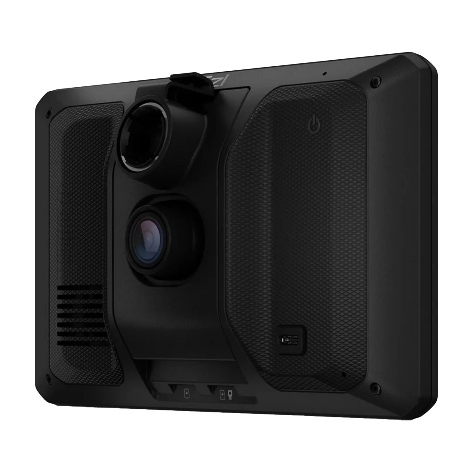 Una dashcam negra con dos lentes, un botón de encendido y un puerto USB. El dispositivo tiene una superficie texturizada y forma rectangular.