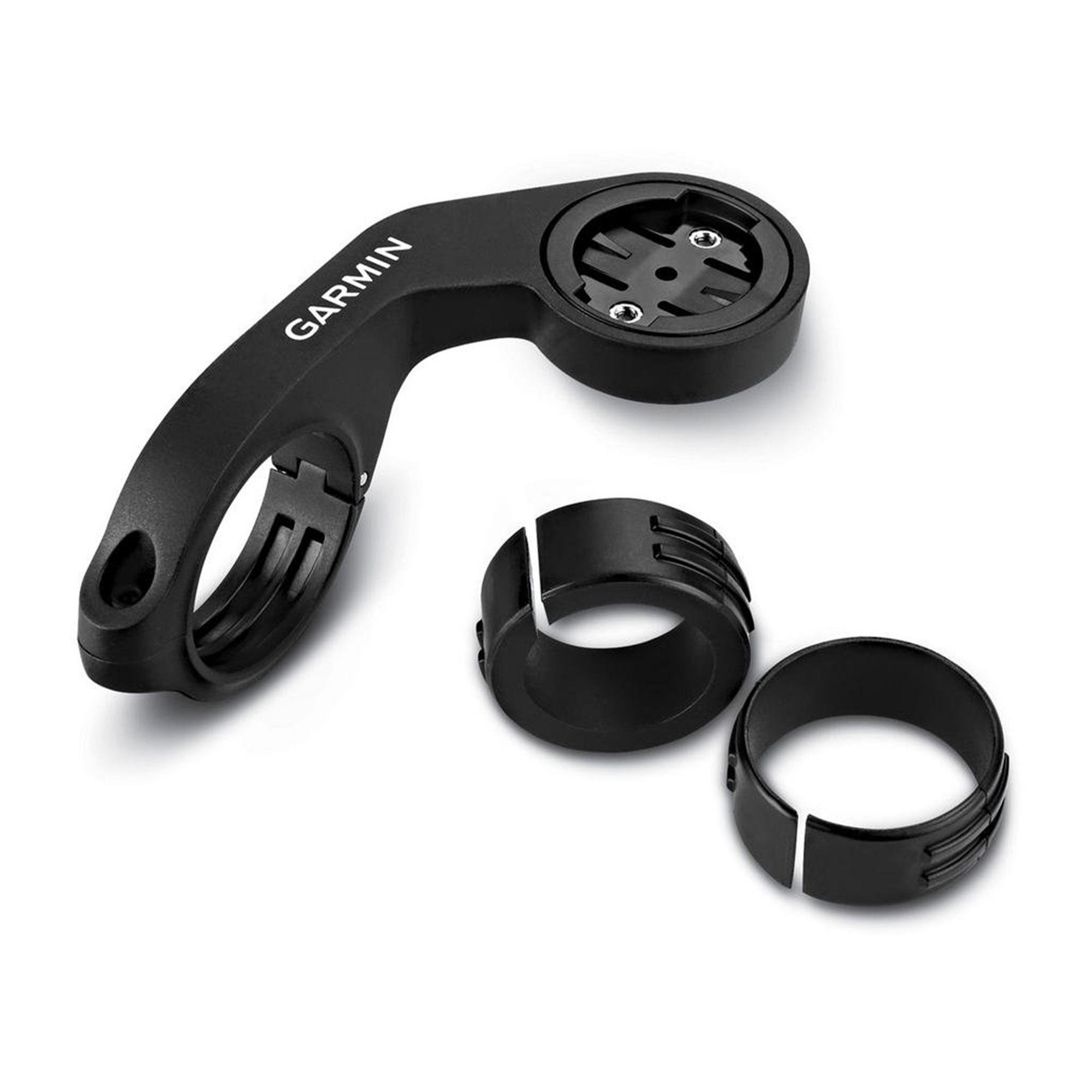 Soporte de bicicleta Garmin negro con dos anillos, sobre fondo blanco. El soporte tiene el logotipo de Garmin.
