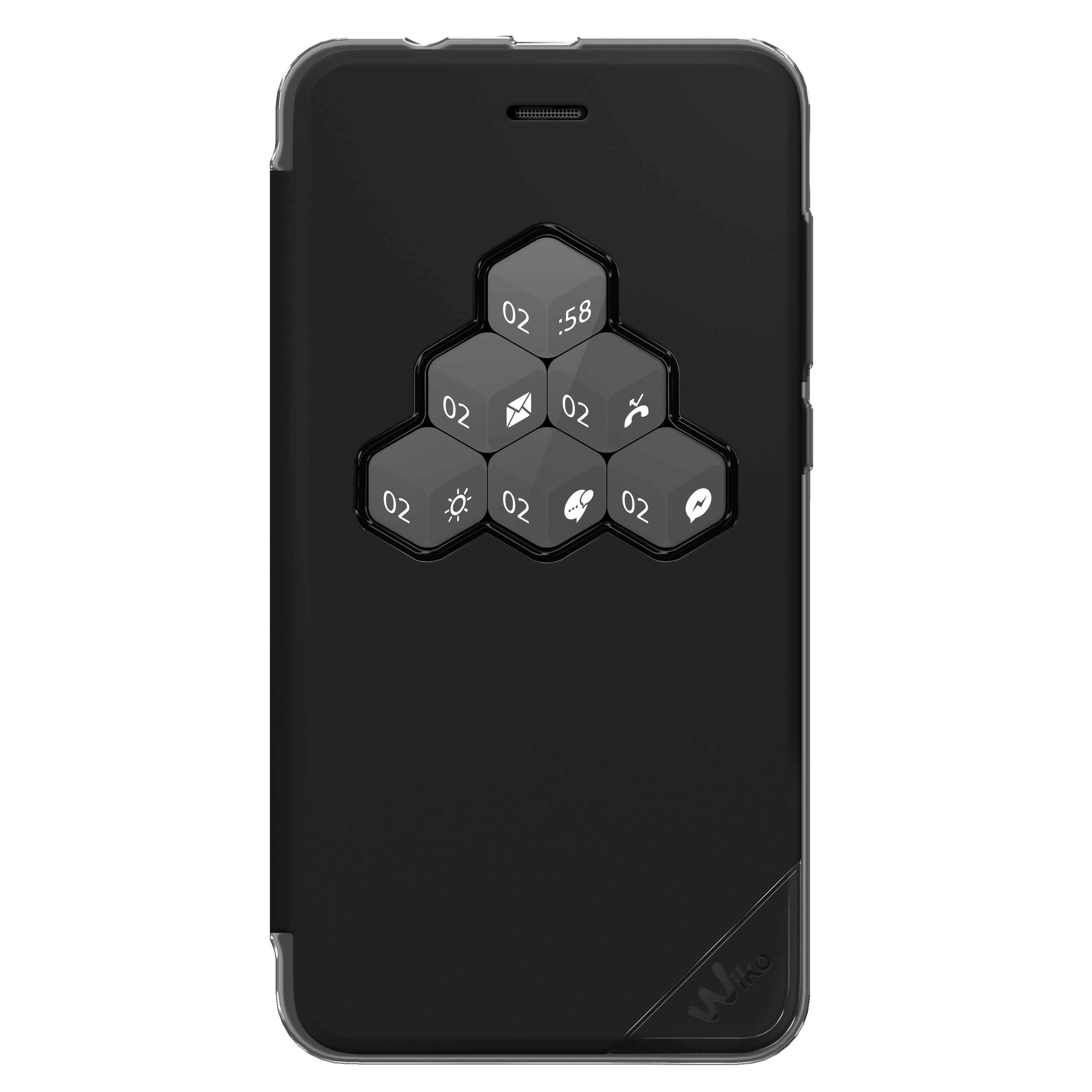 Funda negra para teléfono con iconos de aplicaciones, hora y logotipo de marca. Tiene un borde transparente.