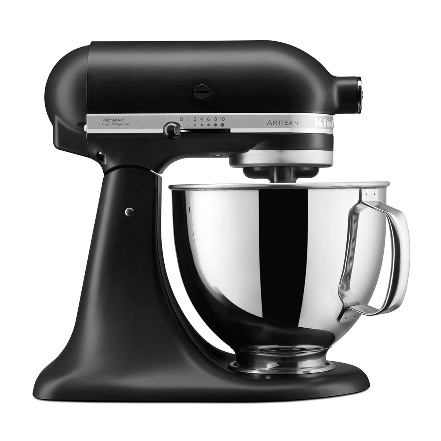 Czarny mikser KitchenAid Artisan. Ma misę do mieszania ze stali nierdzewnej. Mikser ma ustawienia prędkości i logo KitchenAid.