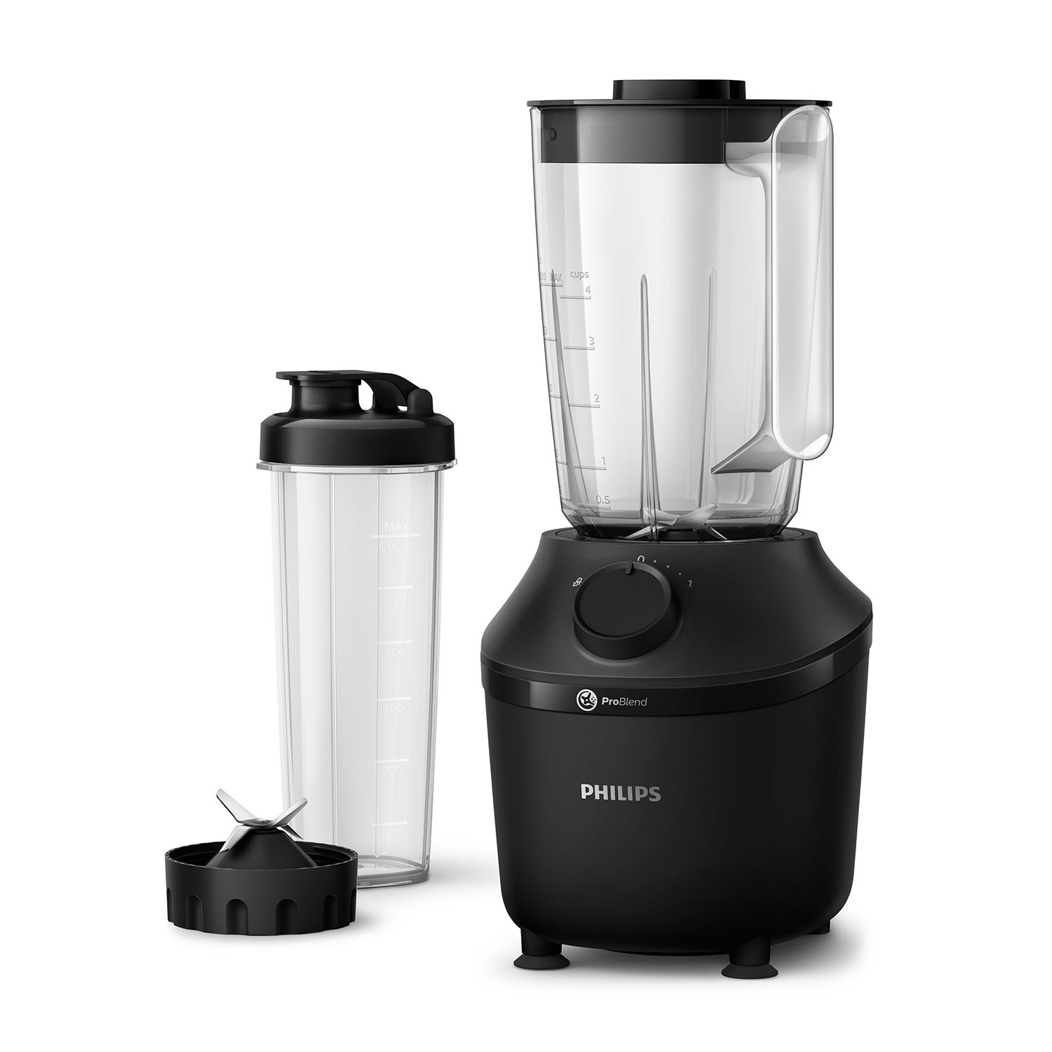 Siyah bir Philips blender ve ayrı bir şeffaf kapaklı bir kap. Blender, şeffaf bir sürahiye ve siyah bir tabana sahiptir.
