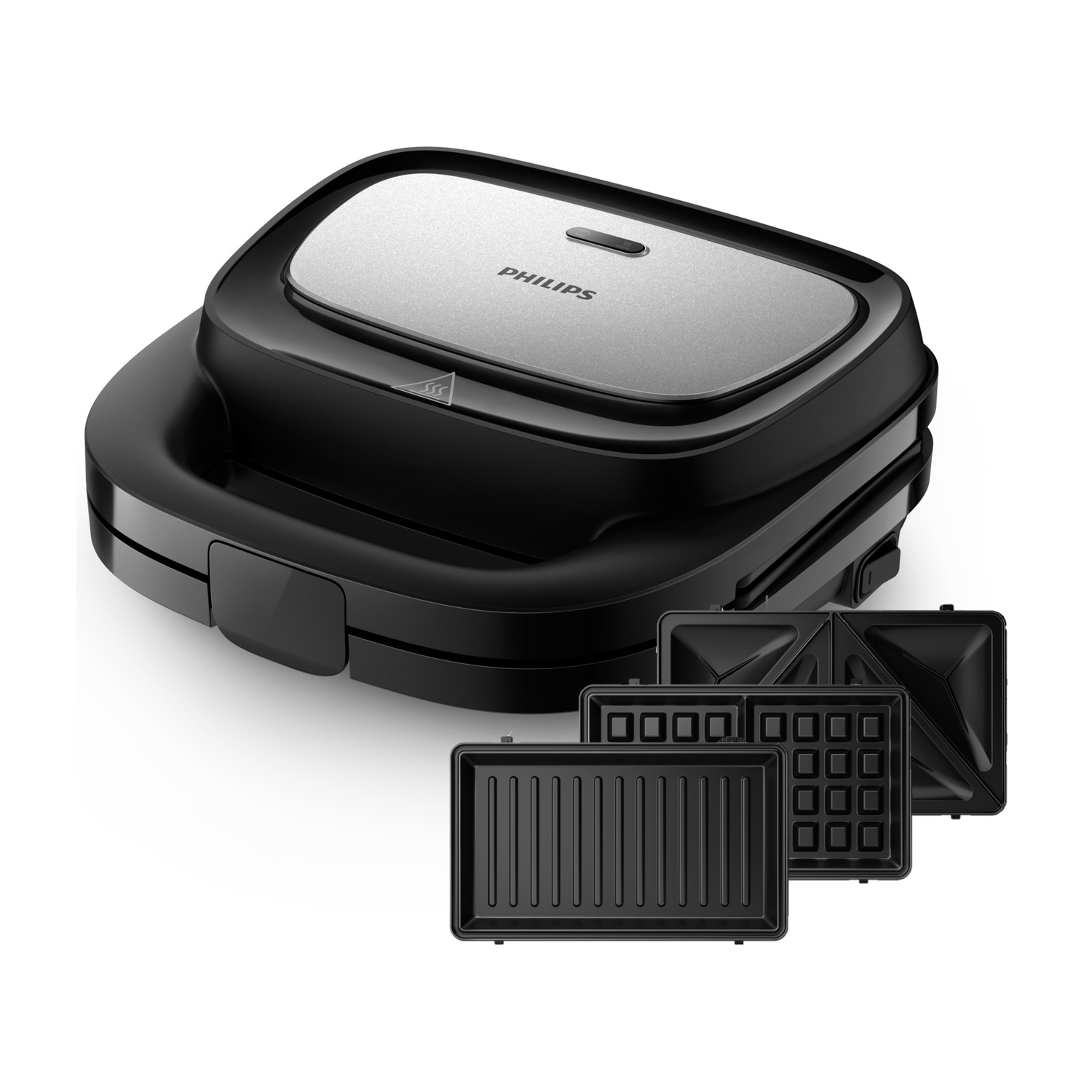 Ein schwarzer Philips-Sandwichmaker mit mehreren herausnehmbaren Platten auf weißem Hintergrund.
