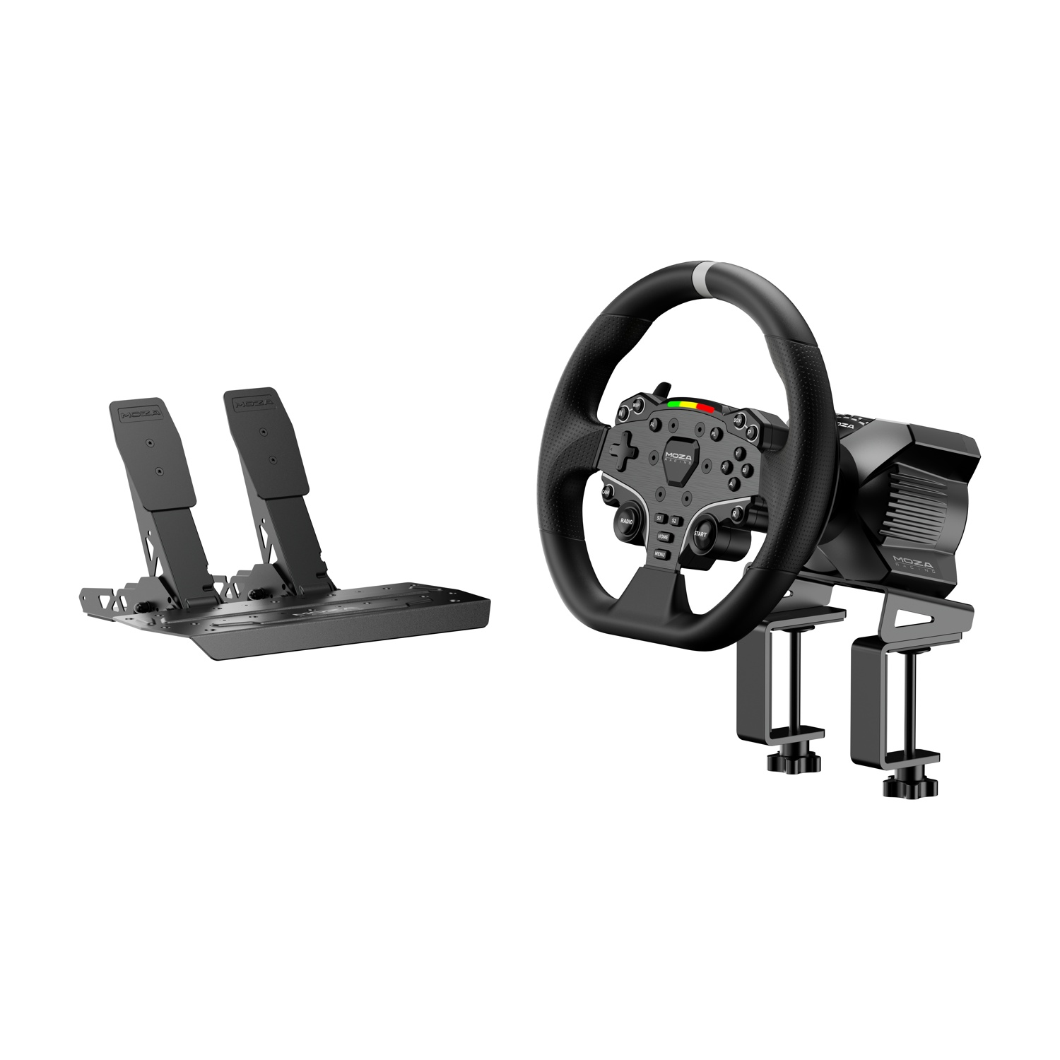 Une configuration de simulateur de course. Comprend un volant avec des boutons et des pédales. Tous les composants sont noirs.