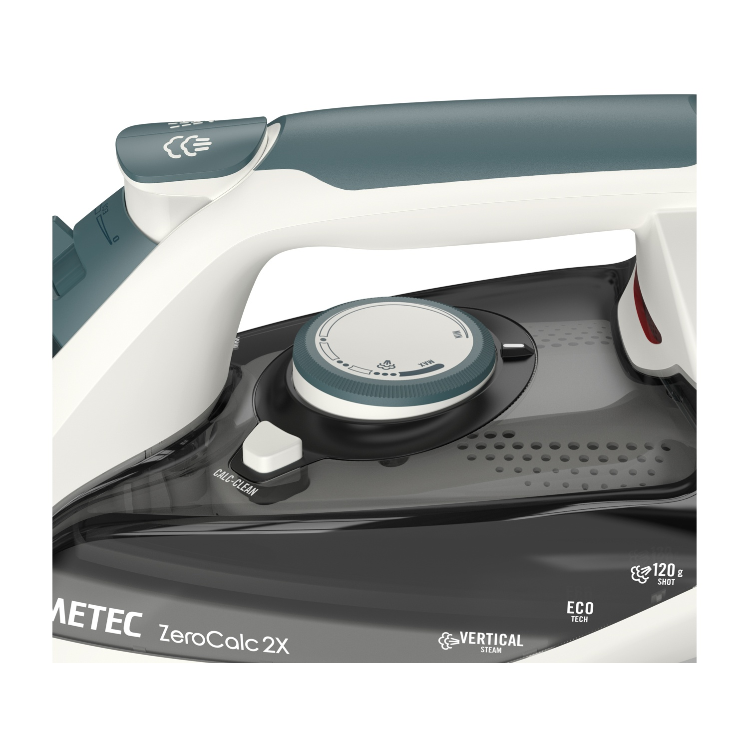Primer plano de una plancha blanca y verde azulado. Cuenta con un dial, botones y texto como 'ZeroCalc 2X' y 'Vapor Vertical'.
