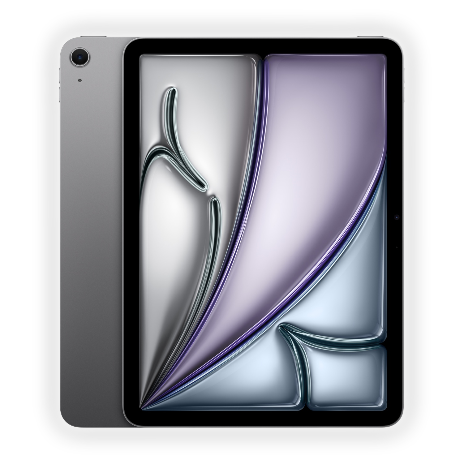 Un tablet argentato con schermo lucido. Lo schermo mostra un design astratto con elementi viola e argento.