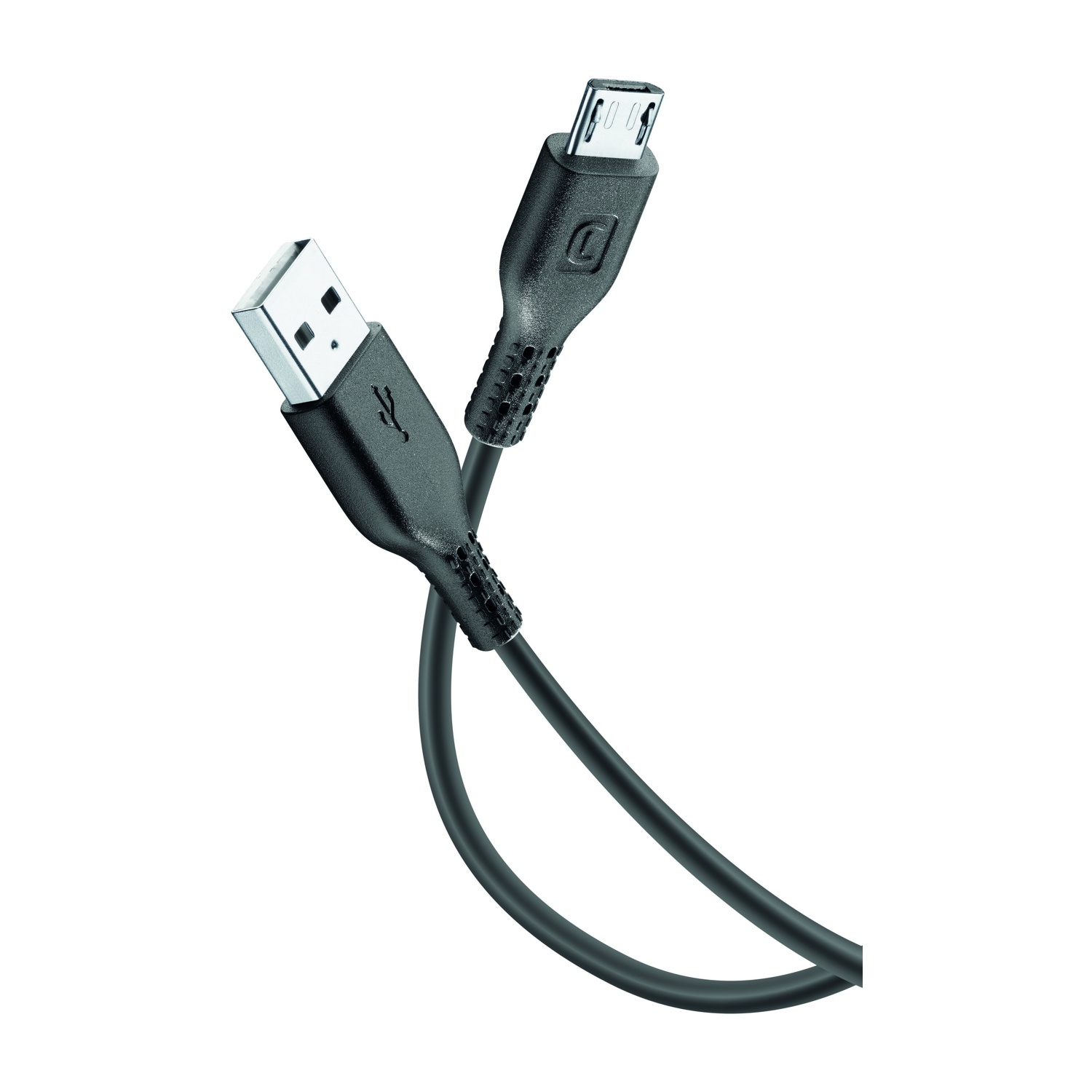 Un cavo USB nero con due connettori su sfondo bianco. Uno è USB standard, l'altro micro-USB.