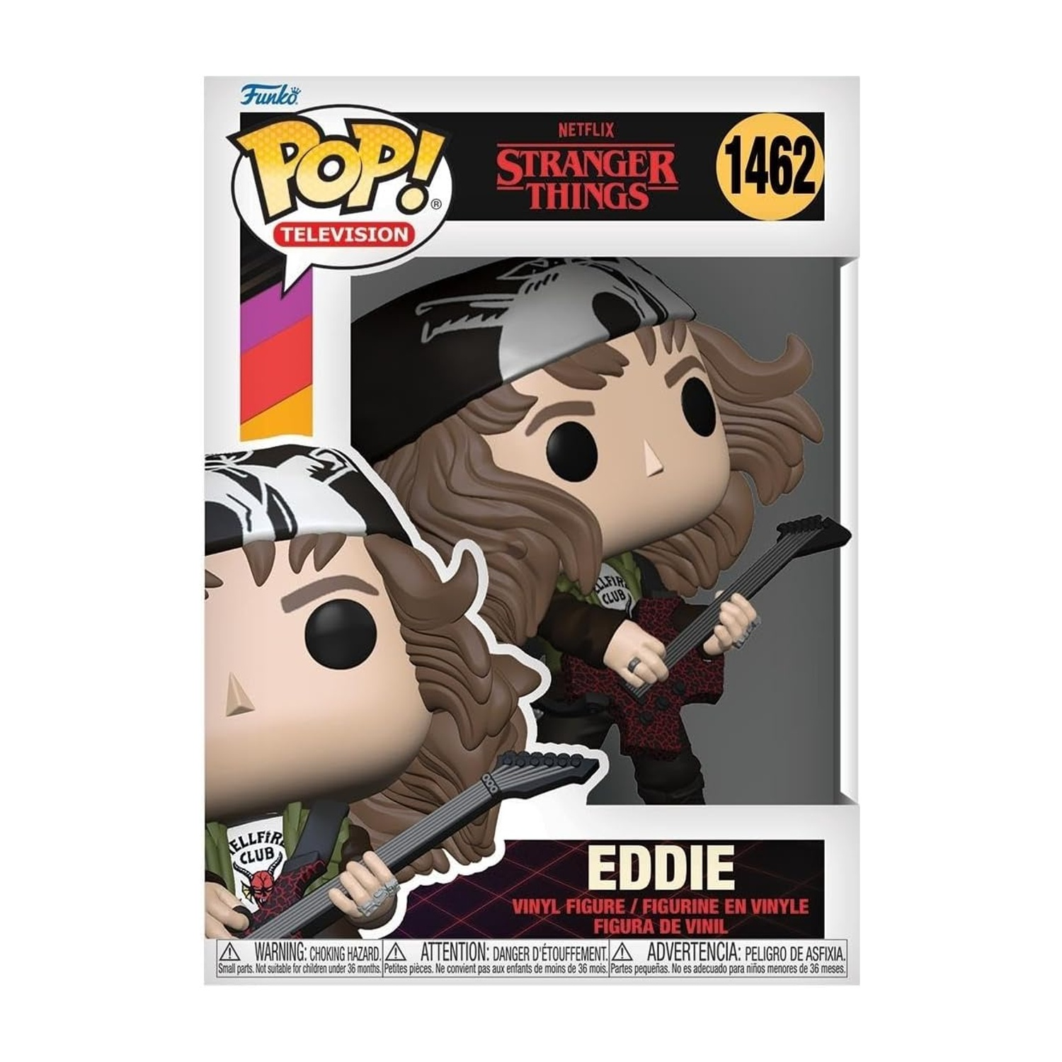 Una figura Funko Pop de Eddie de Stranger Things. Sostiene una guitarra y lleva una chaqueta del Club Hellfire y una gorra. El fondo es blanco.