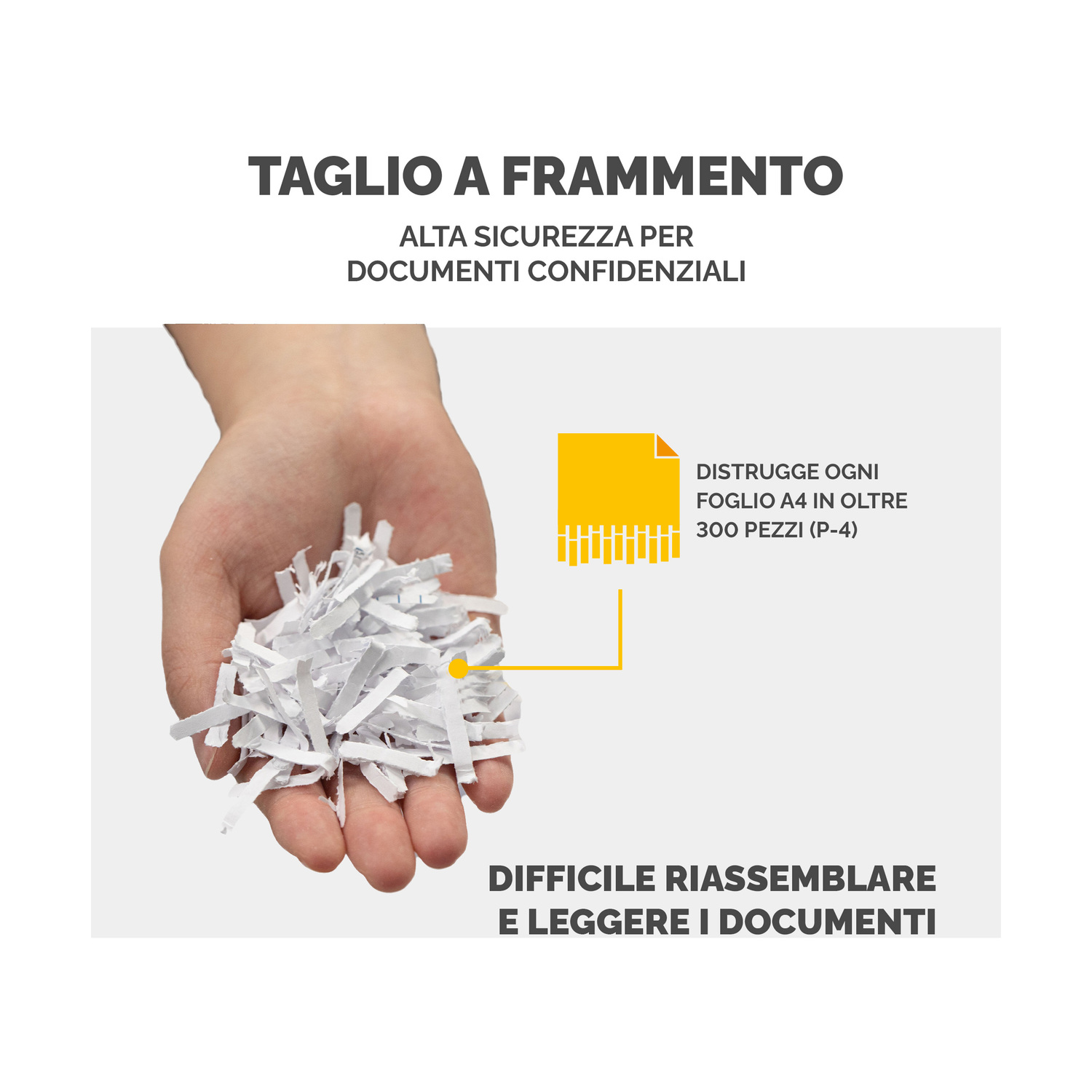 Dłoń trzyma pocięty papier. Tekst mówi: 'TAGLIO A FRAMMENTO', 'ALTA SICUREZZA PER DOCUMENTI CONFIDENZIALI' i 'DISTRUGGE OGNI FOGLIO A4 IN OLTRE 300 PEZZI'.