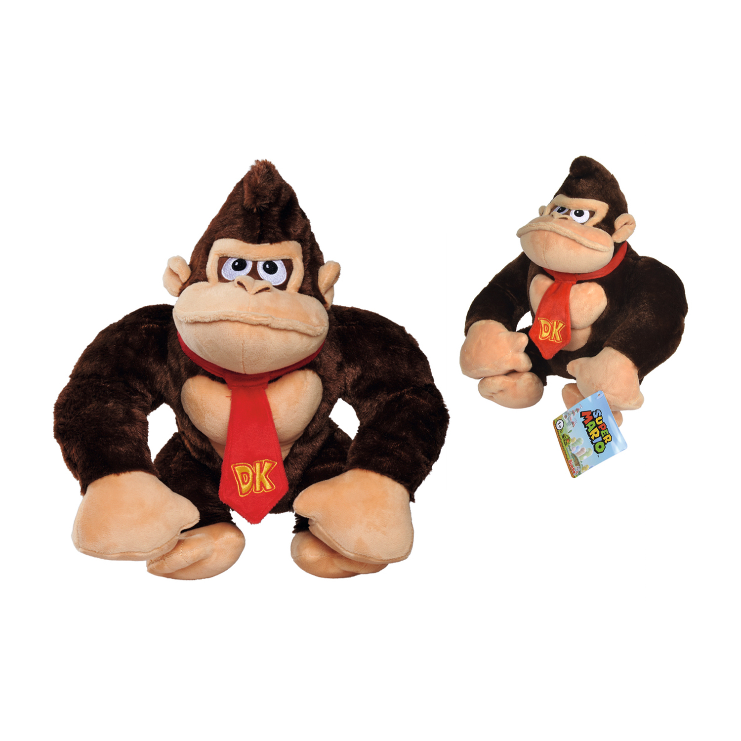 Dwie pluszowe zabawki Donkey Kong. Obie mają brązowe futro, beżowe twarze i czerwone krawaty z napisem 'DK'. Jedna ma metkę.