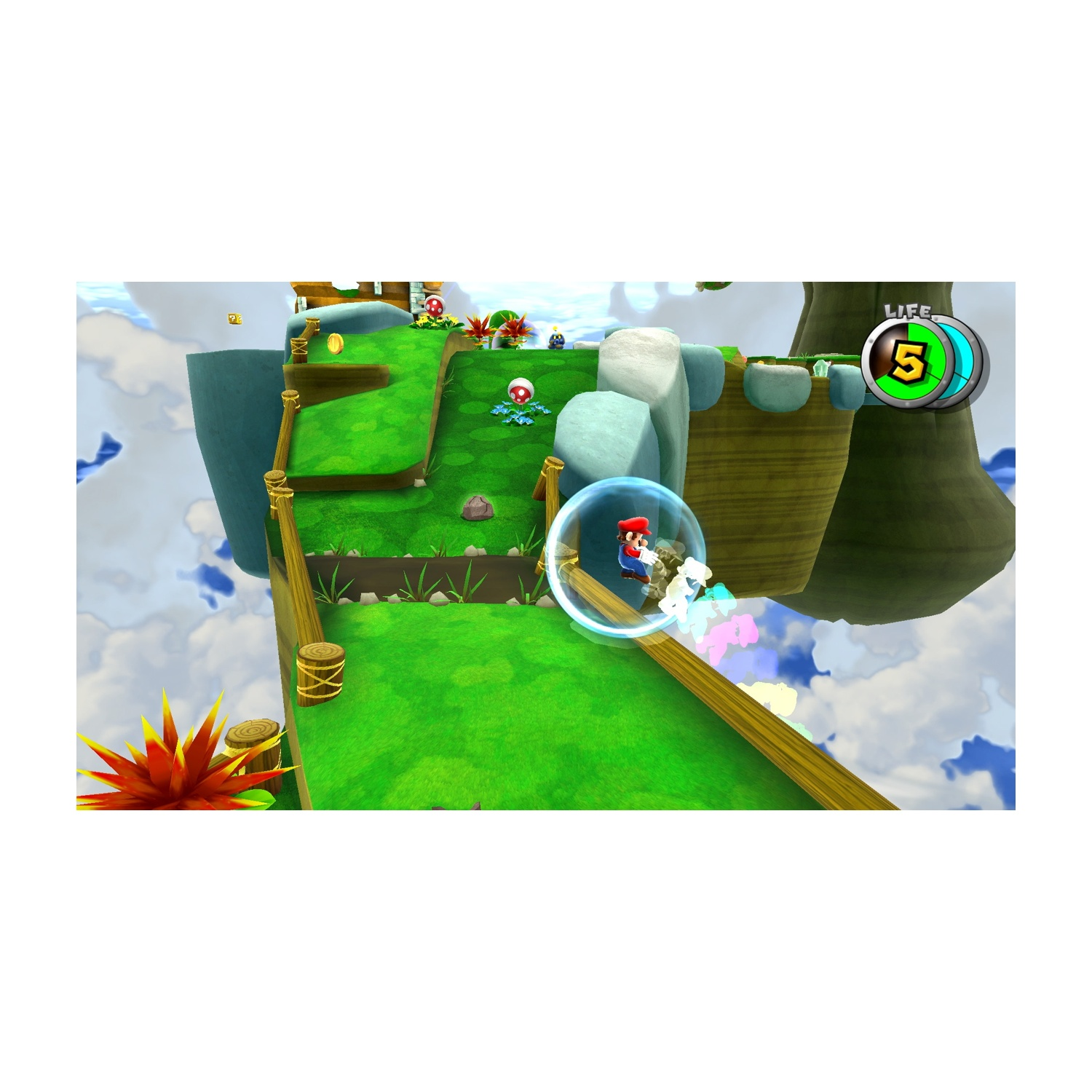 Mario en una burbuja en un campo verde, flotando sobre las nubes. Un contador de vida muestra 5. Hay plantas y hongos.