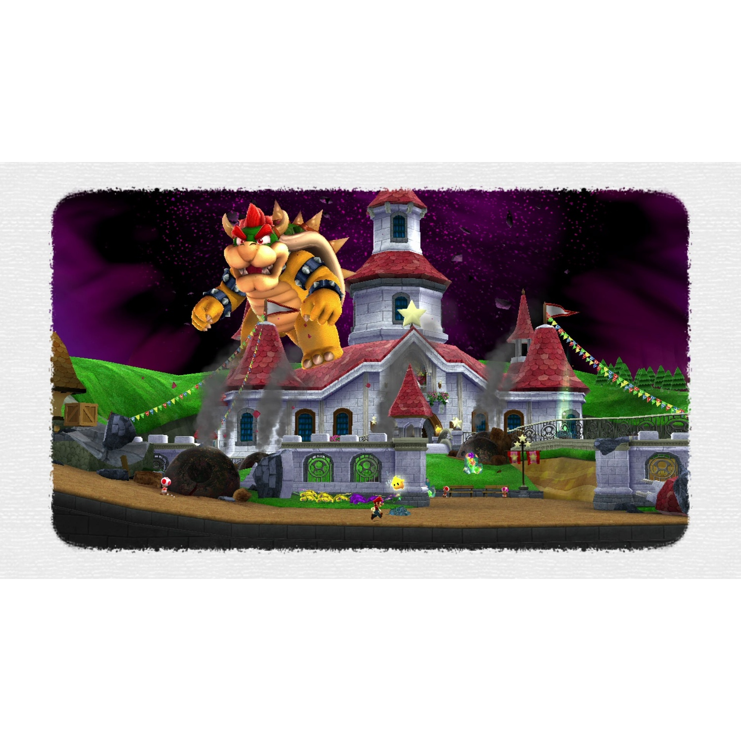 Bowser ataca el castillo de Peach. El castillo tiene tejados rojos y una estrella. Personajes como Mario y Toad están presentes.