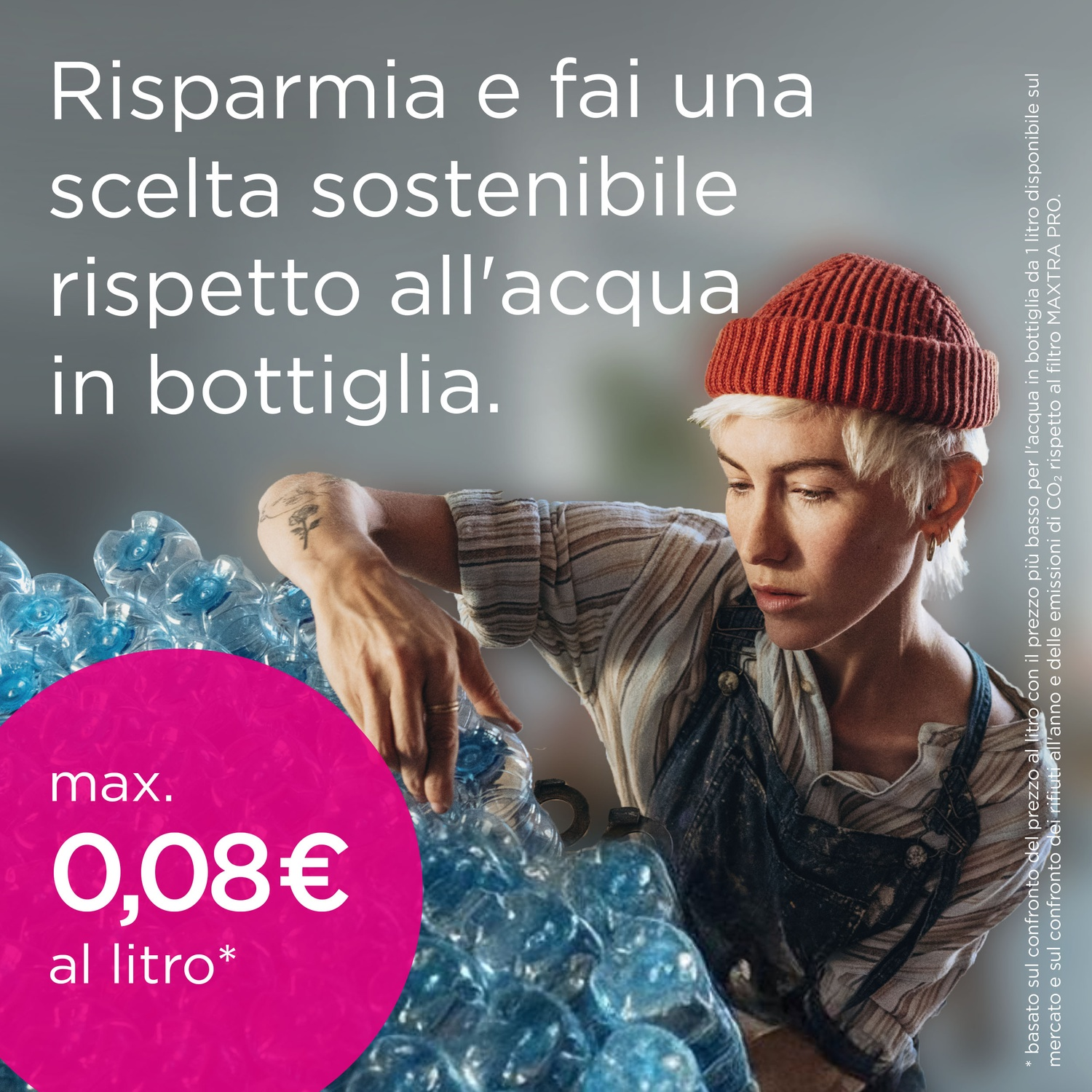 Eine Frau in roter Mütze und Latzhose, umgeben von Plastikwasserflaschen, Text auf Italienisch. Ein pinker Kreis zeigt den Preis pro Liter.