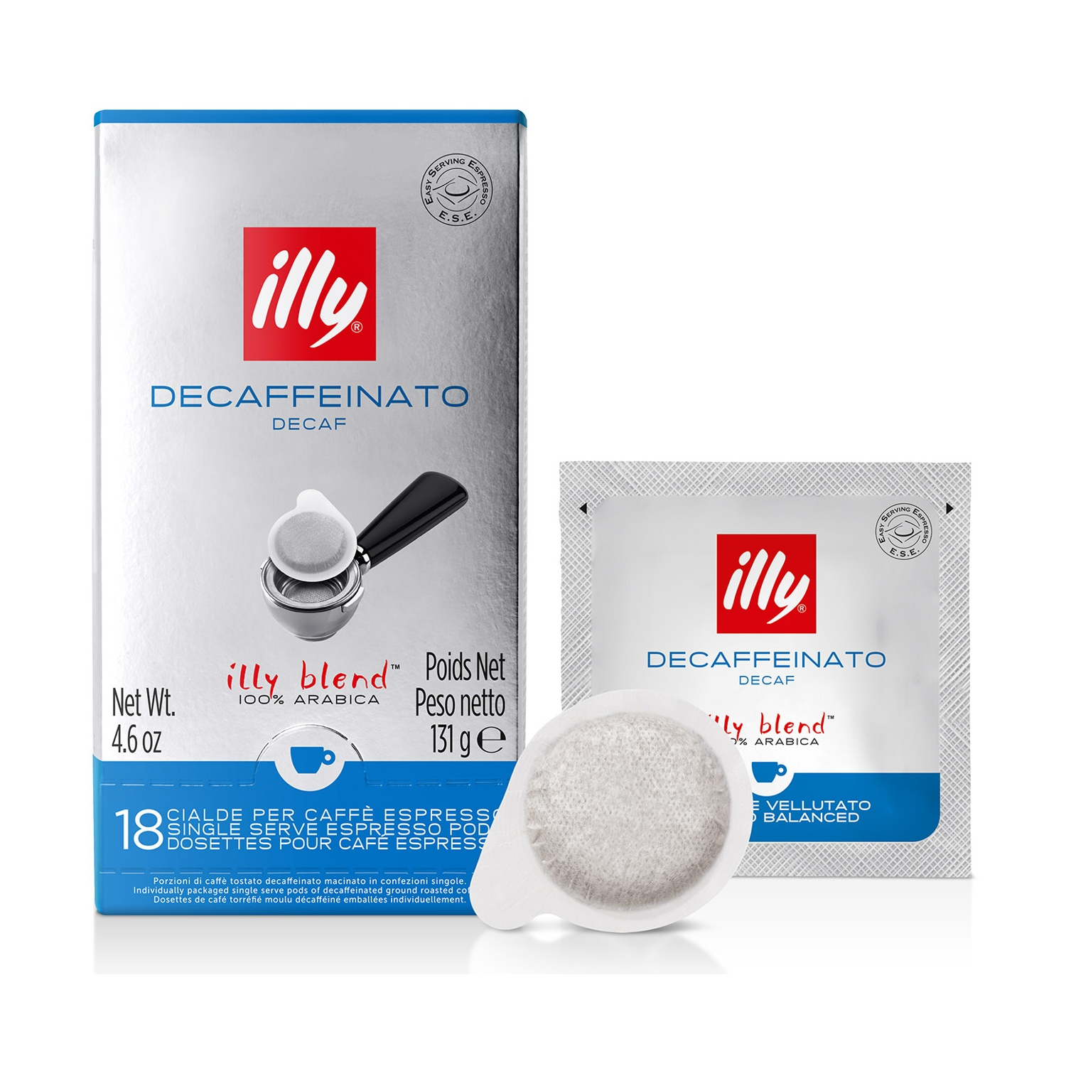 Una scatola di caffè Illy Decaffeinato e una cialda. La scatola ha un bordo blu e mostra una cialda di caffè.