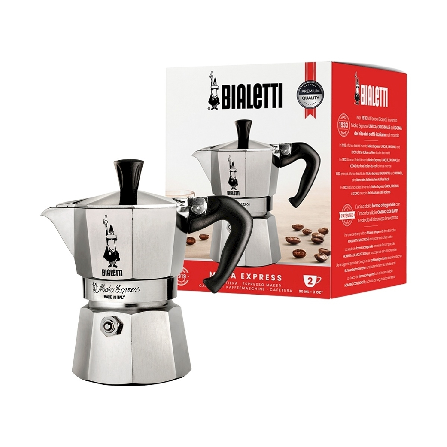 Una caffettiera Bialetti Moka Express, con una scatola e chicchi di caffè su sfondo bianco.