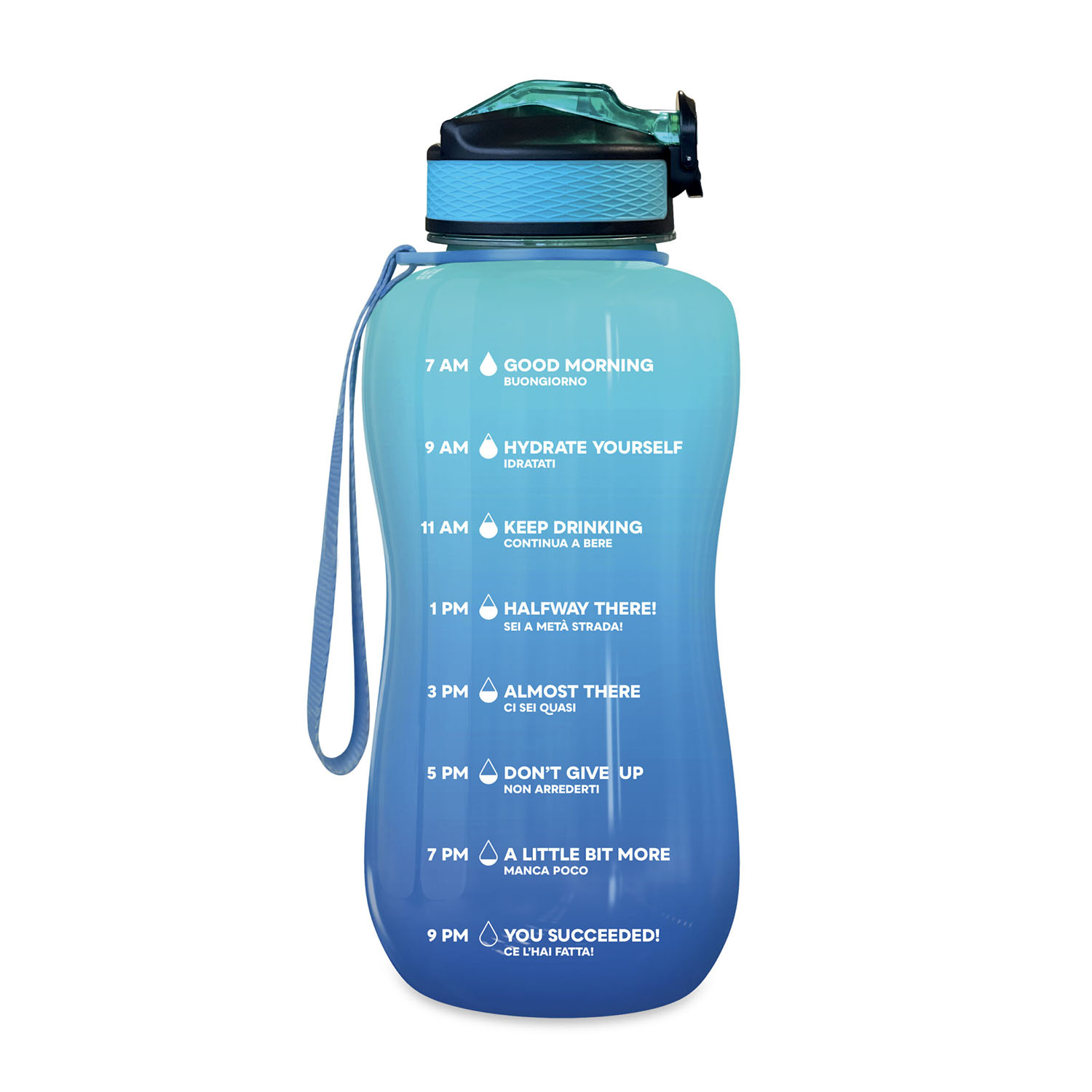 Una botella de agua azul con marcas horarias de 7 AM a 9 PM, que anima a la hidratación con frases como 'Hydrate Yourself'.
