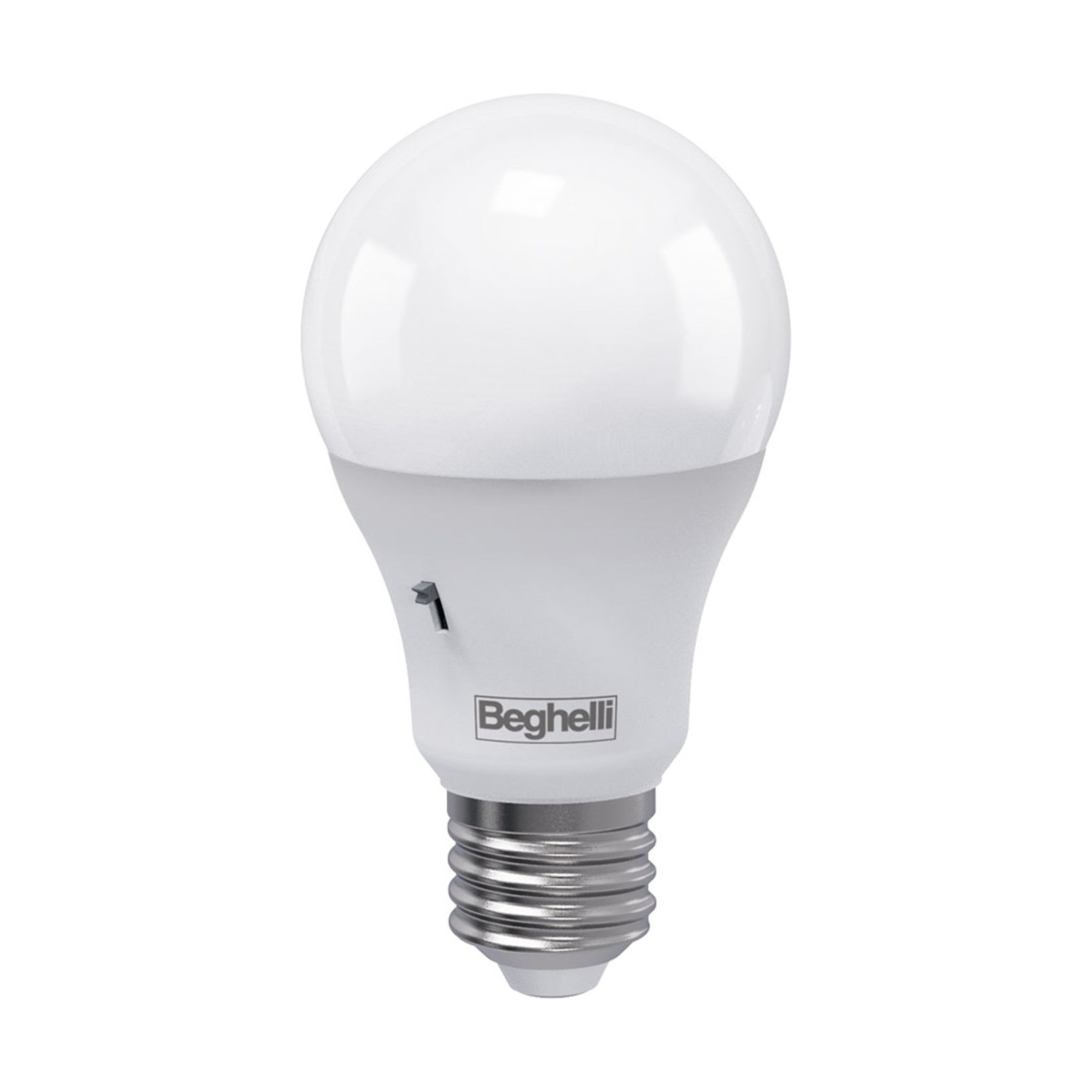 Una bombilla LED blanca con la parte superior redondeada y una base cilíndrica, con 'Beghelli' escrito. El fondo es blanco.
