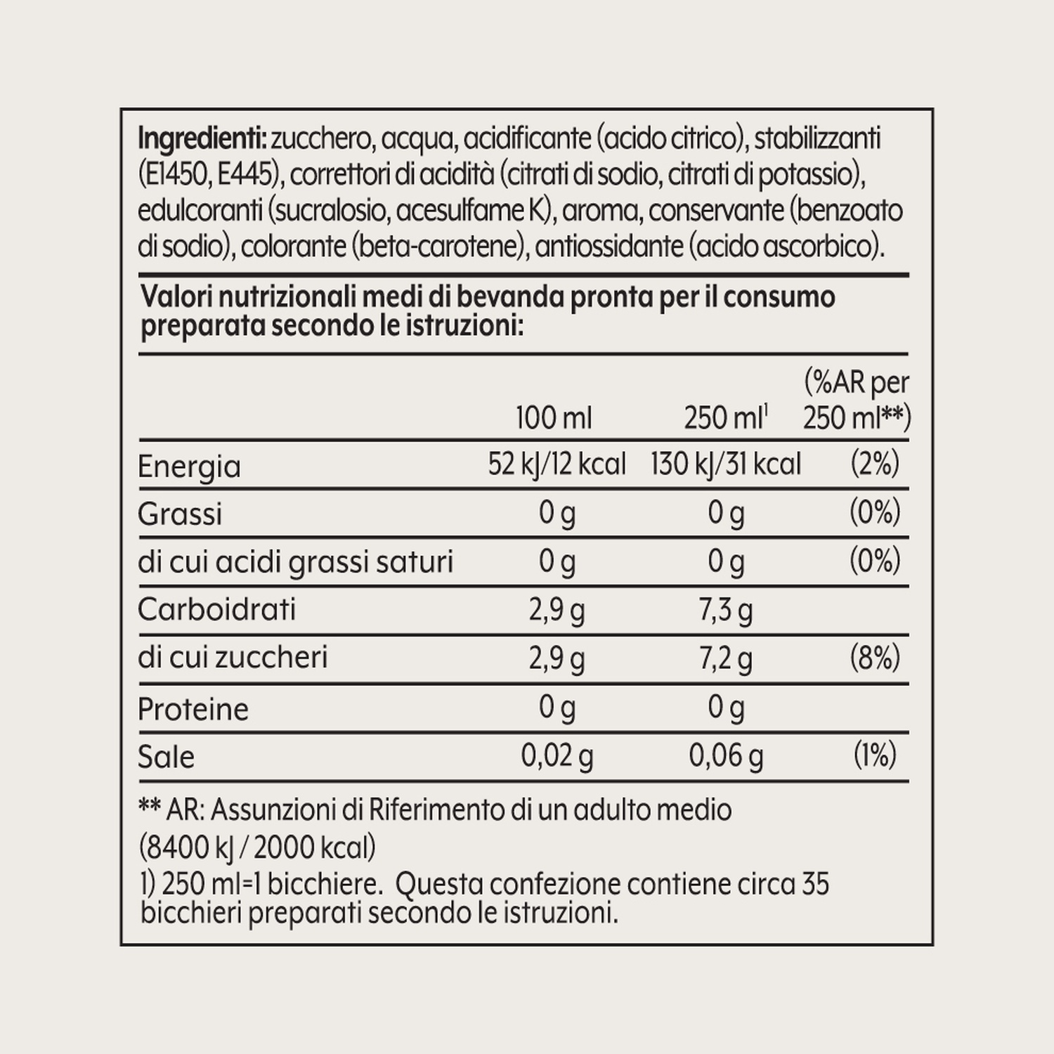 Italienische Nährwerttabelle. Listet Zutaten, Energie, Fett, Kohlenhydrate, Zucker, Proteine und Salzgehalt auf.