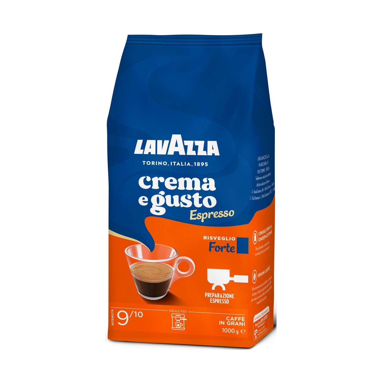Blaue Lavazza-Kaffeetüte mit Espresso. Text enthält 'crema e gusto' und 'espresso'.