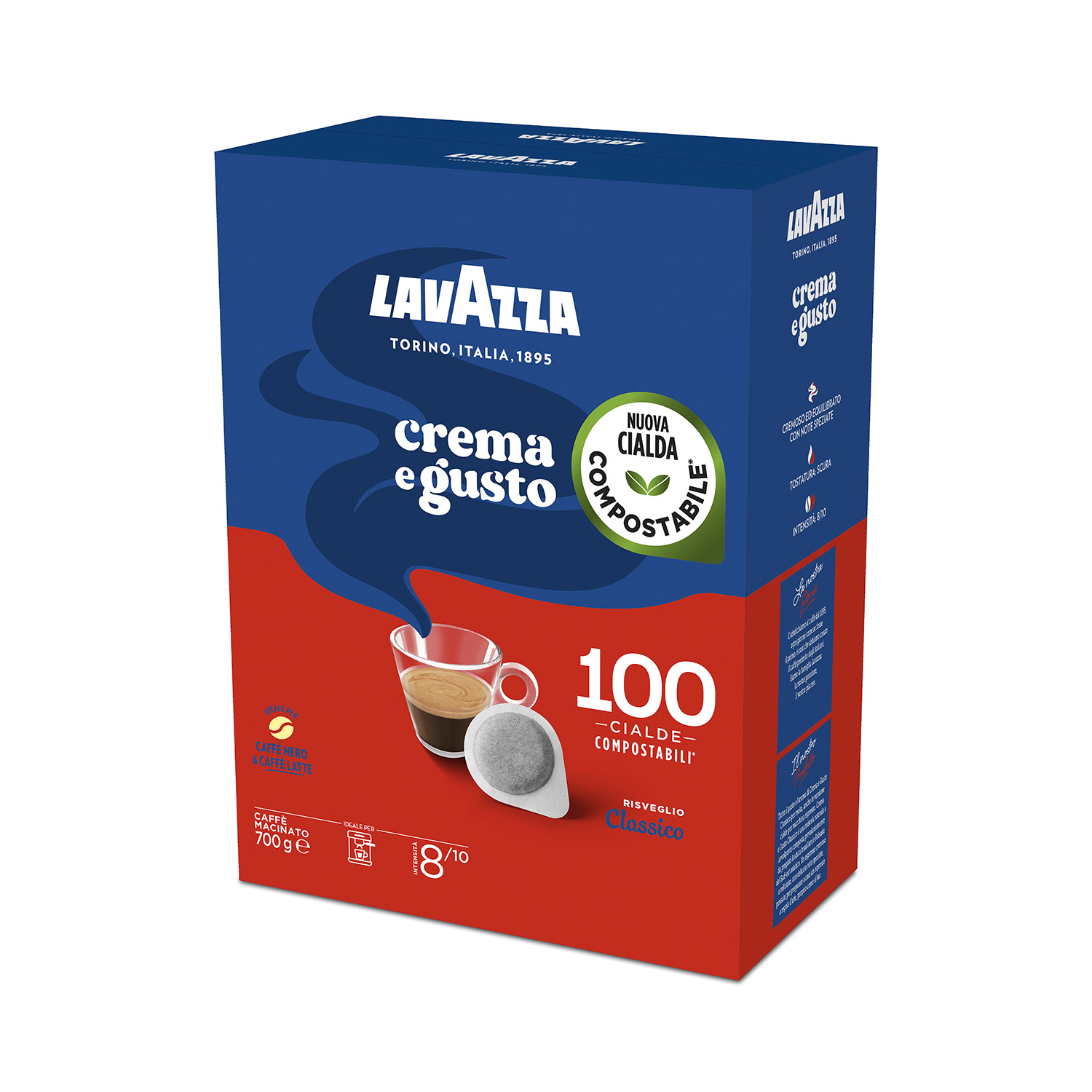 Scatola di caffè Lavazza con 'Crema e Gusto', tazza di vetro con caffè e cialde. Testo: '100 cialde compostabili'.