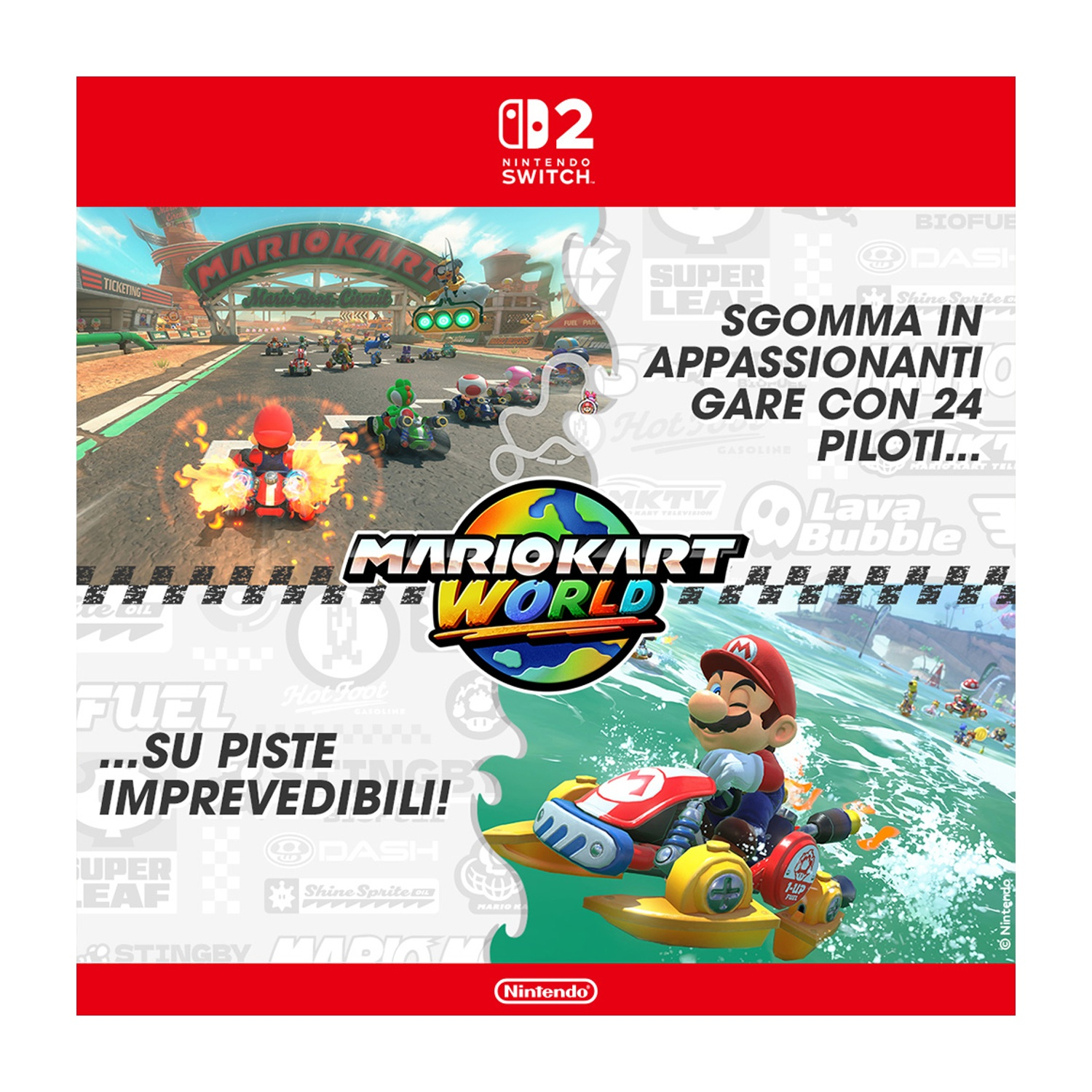 Reklama gry Mario Kart World. Mario w gokarcie, ściga się. Grafika i tekst w języku włoskim.