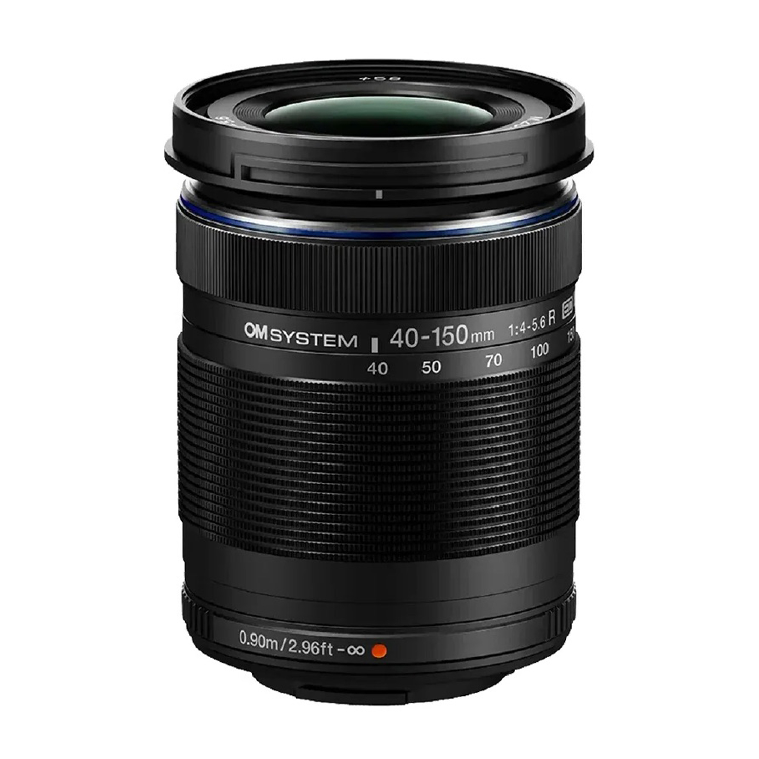 Un objectif d'appareil photo noir avec la marque 'OM SYSTEM' et les spécifications '40-150mm 1:4-5.6 R' est présenté sur fond blanc.