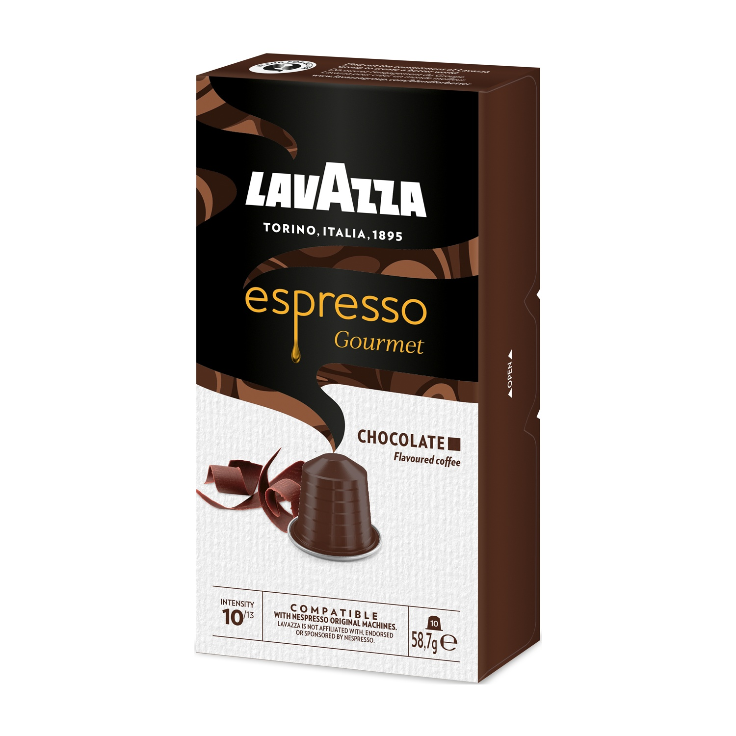 Eine Lavazza Espresso-Box mit einer Kaffeekapsel und Schokoladenraspeln. Die Box ist braun und schwarz, mit Text in Weiß und Gelb.