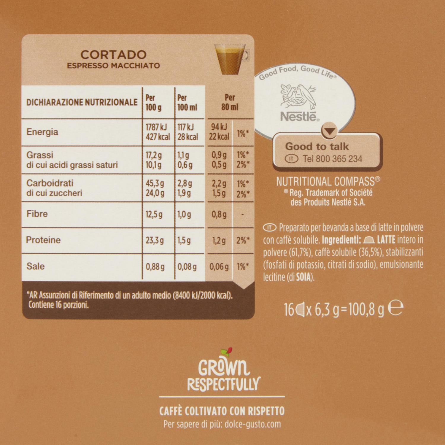 Un'etichetta alimentare per Cortado Espresso Macchiato. Vengono visualizzate le informazioni nutrizionali. Il logo Nestlé è visibile. Contiene 16 porzioni.