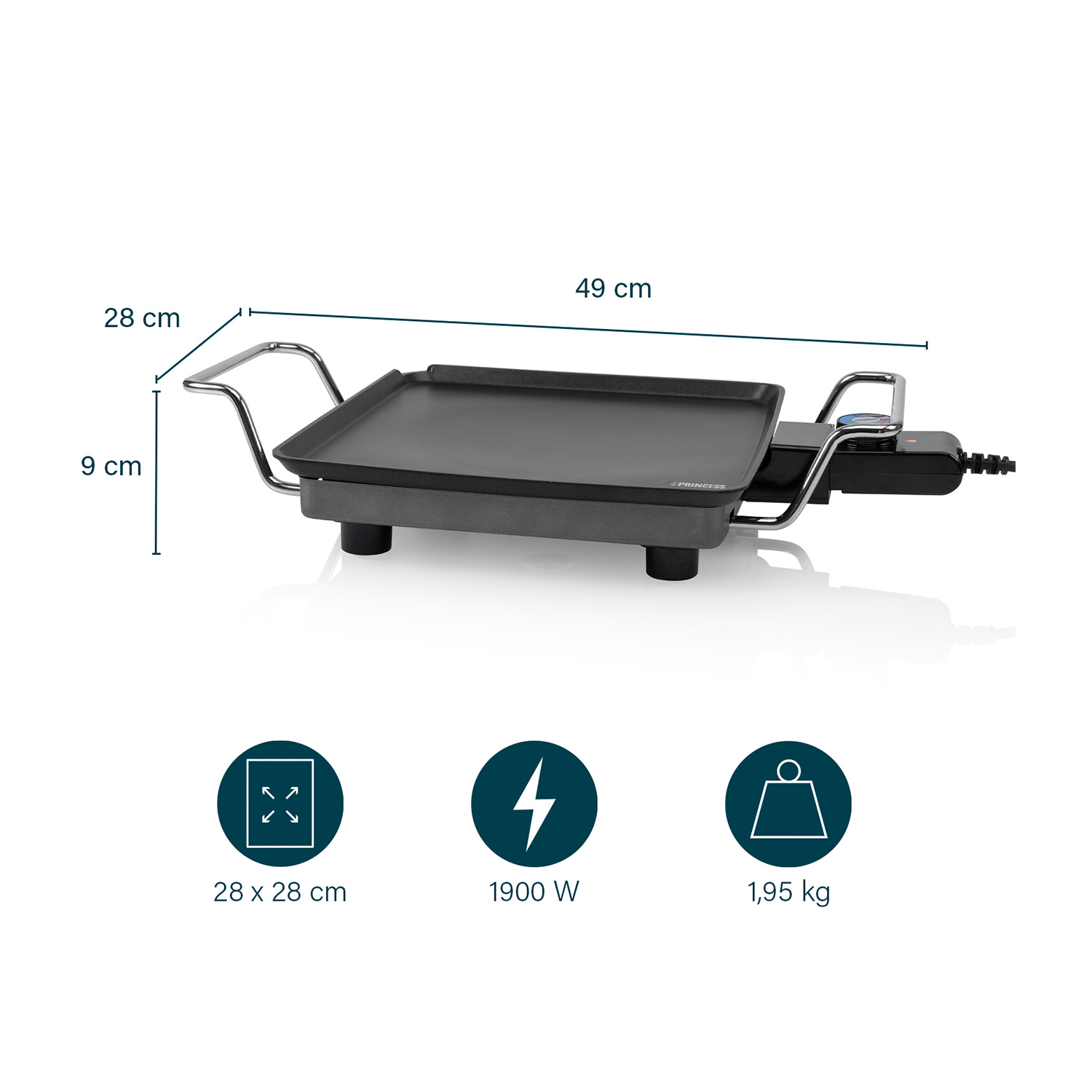 Ein elektrischer Grill mit schwarzer Kochfläche und silbernen Griffen. Abmessungen sind angegeben. Informationssymbole zeigen Größe, Leistung und Gewicht.