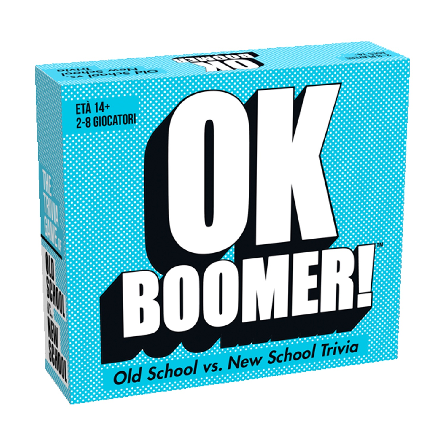 Pudełko z grą zatytułowane 'OK BOOMER!' w kolorze białym i czarnym na niebieskim tle w kropki. Jest napisane 'Old School vs. New School Trivia'.