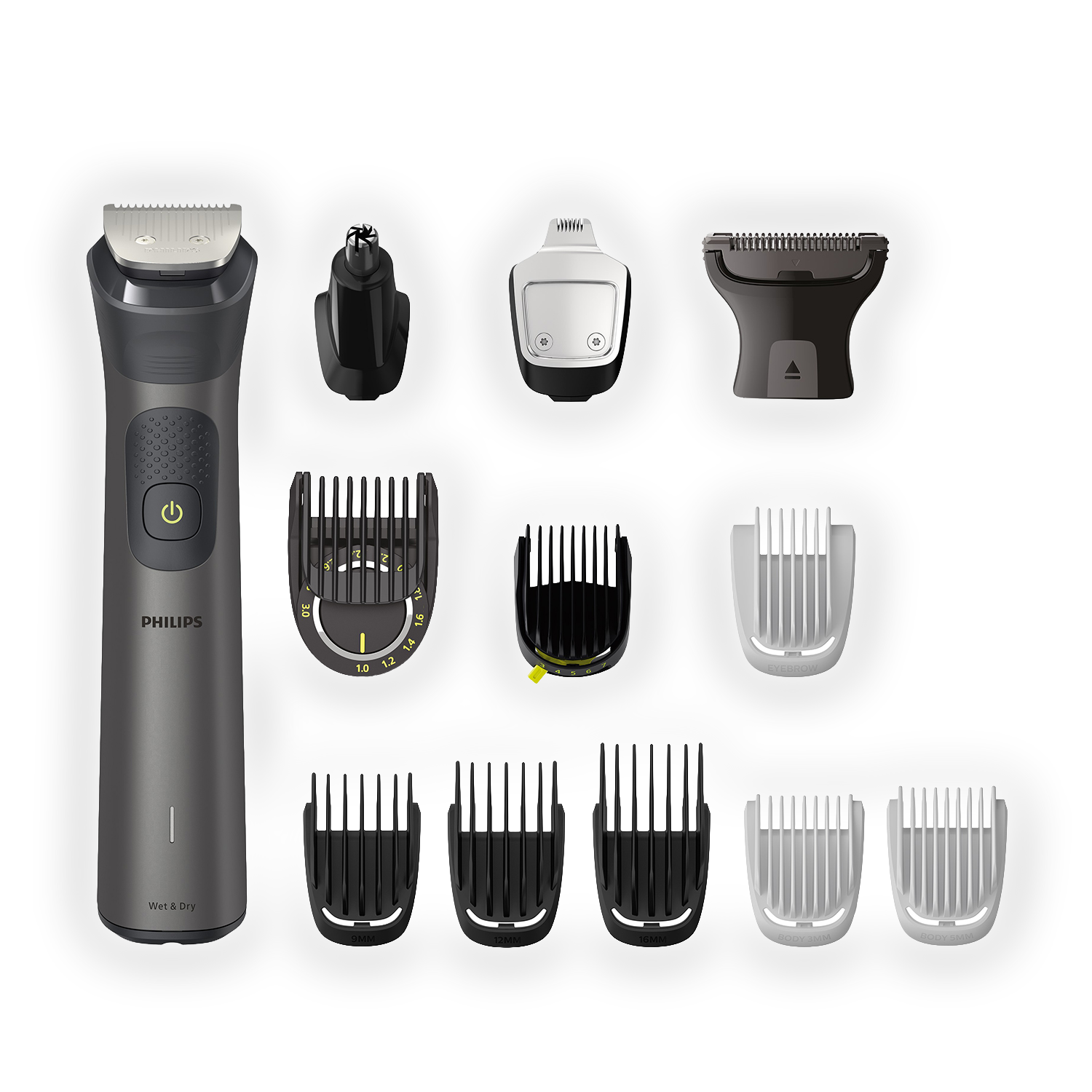 Elektryczna golarka Philips z wieloma nasadkami, w tym różnymi głowicami do trymowania i nasadkami grzebieniowymi do różnych potrzeb pielęgnacyjnych.